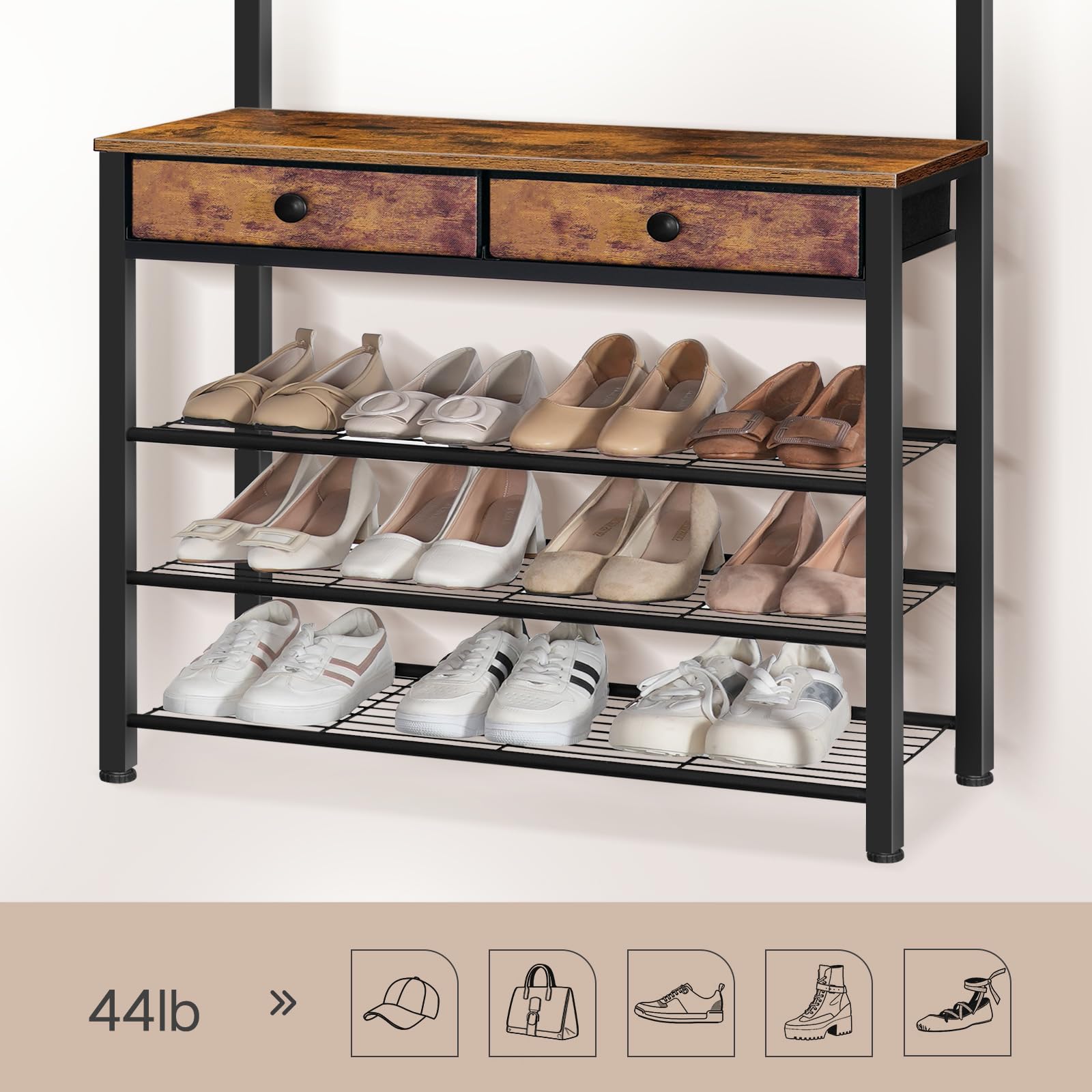 HOOBRO Hall Tree with Bench - Rustic Brown & Black Entryway Coat Rack, Shoe Storage Organizer with 4 Tiers, 9 Hooks & 2 Fabric Drawers - Perfect for Mudroom, Foyer or Small Space Organization