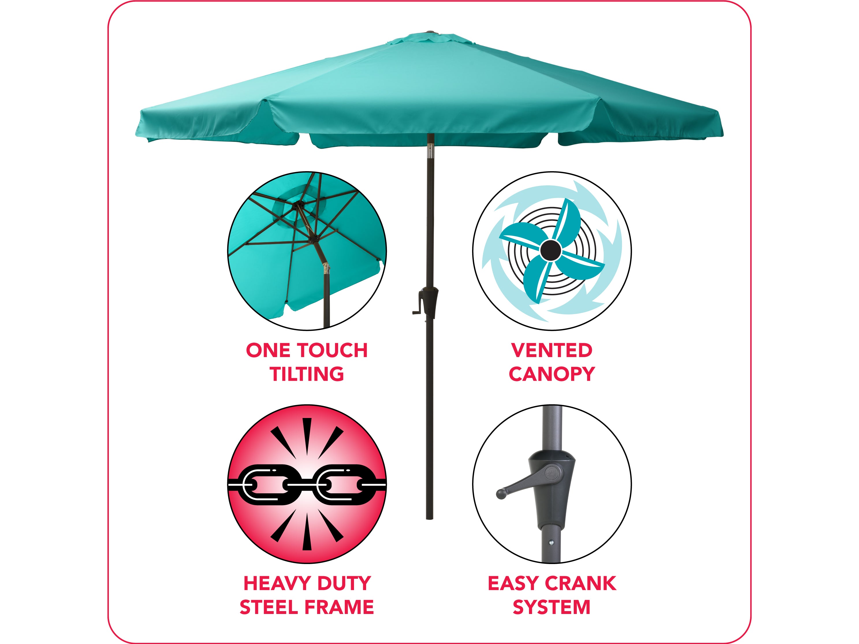 10ft Round Turquoise Patio Umbrella - UV Protection Outdoor Market Umbrella for Poolside, Beach, Garden, and Backyard Relaxation
