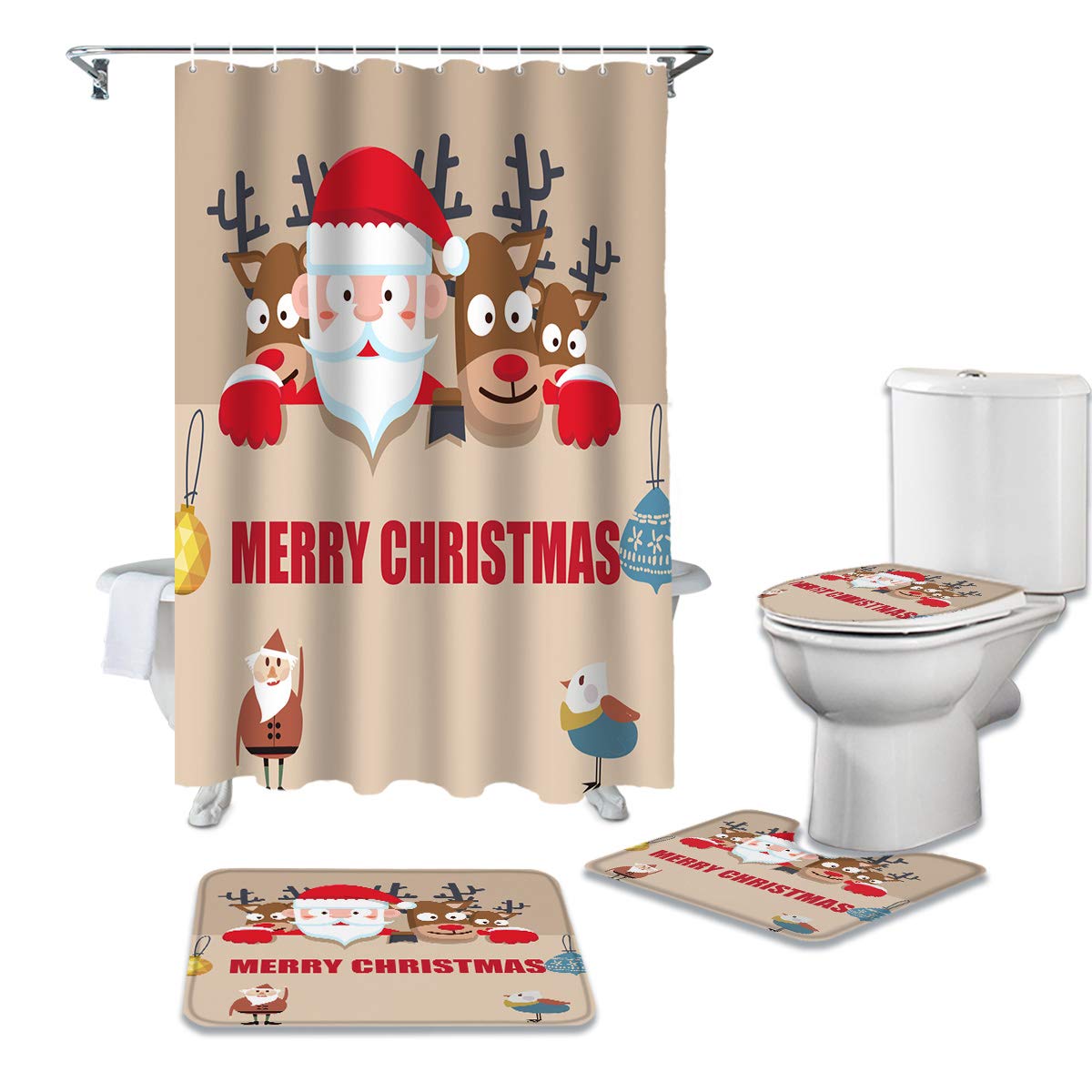 EZON-CH 4-Piece Christmas Santa Claus Bath Rug Set - Non-Slip Bathroom Mats with Shower Curtain, Toilet Lid Cover - Funny Holiday Bath Carpet Decor for Festive Bathroom Decorations | Perfect for Christmas Home Decor, Holiday Parties & Winter Bathroom Upgrades