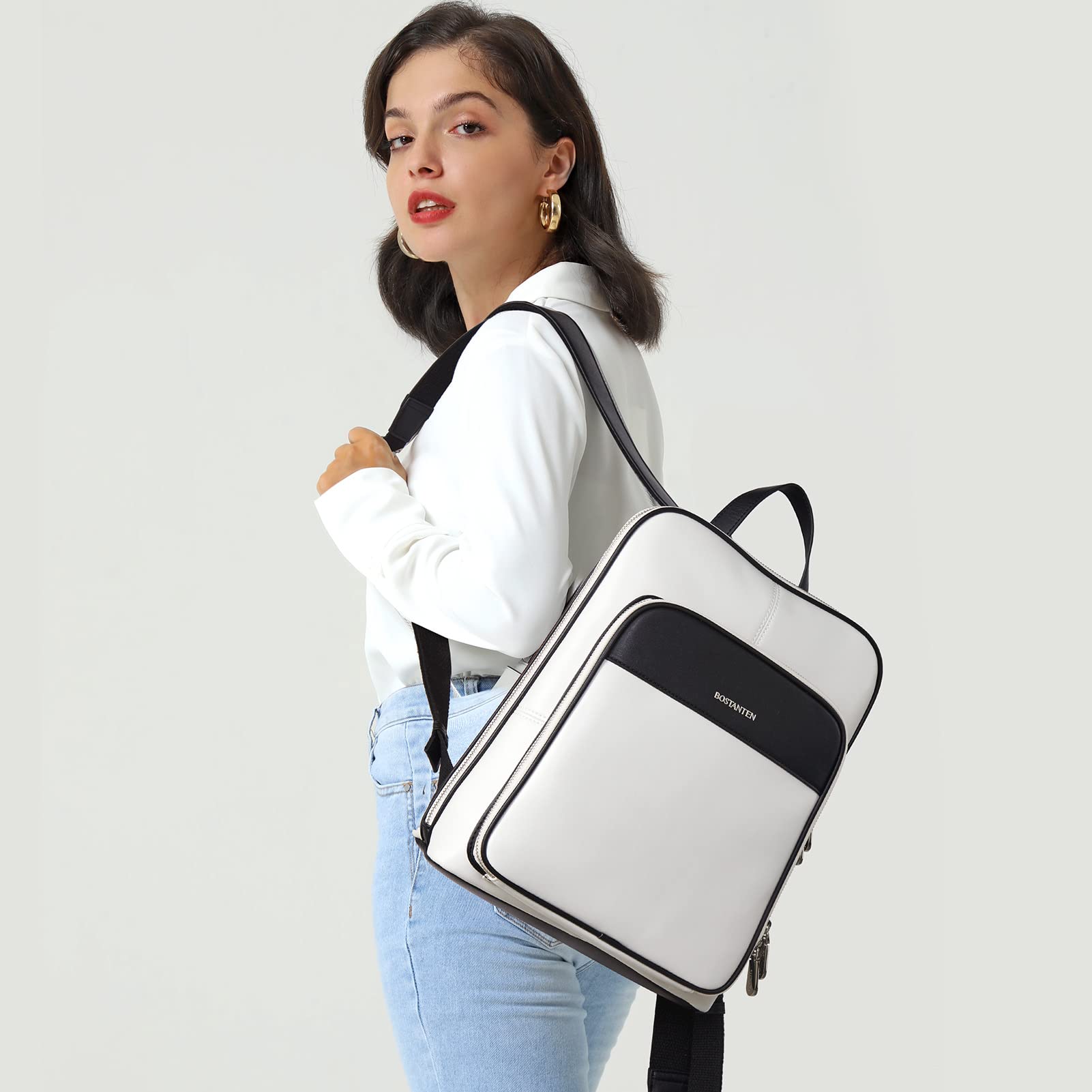 BOSTANTEN Genuine Leather Backpack Purse for Women - Stylish Laptop Backpack for College, Travel & Work - Durable Casual Daypack with USB Charging Port