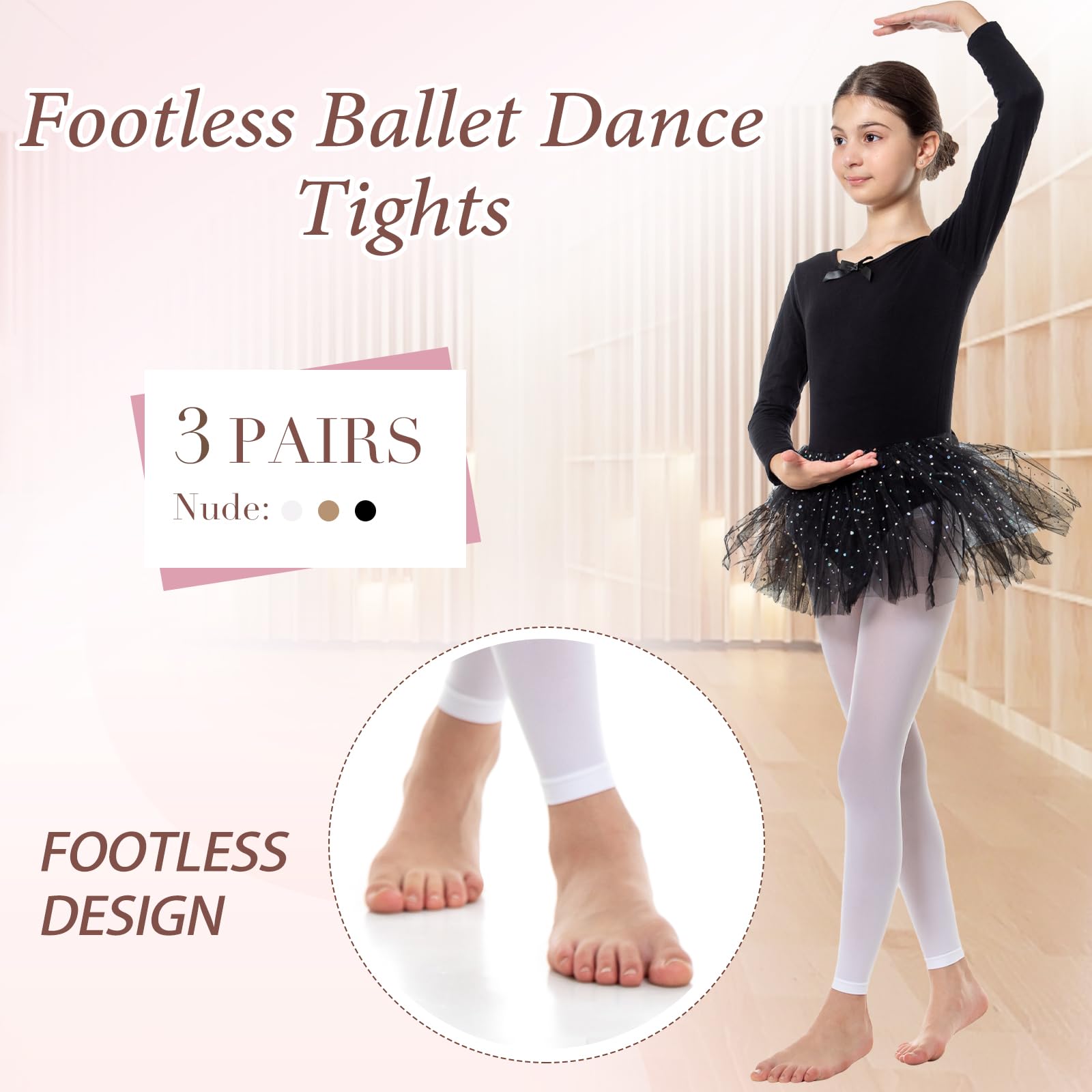 Girl's Ballet Tights (3 Pairs) - Black/White/Nude for Dance & School (Ages 2-16)