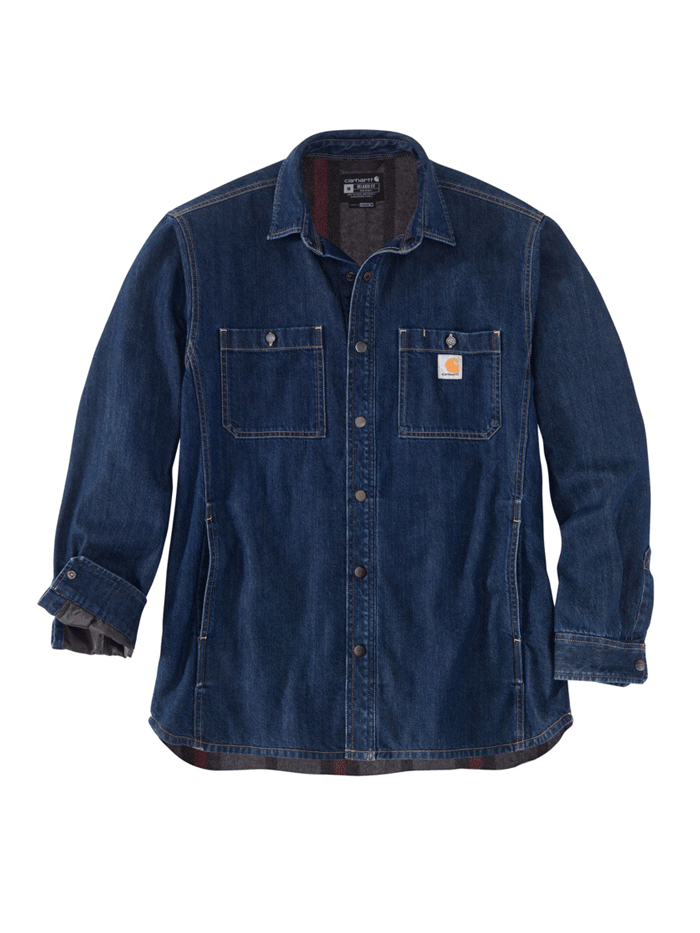 Carhartt Men's Denim Fleece-Lined Snap Front Shirt Jacket - Heavyweight Workwear for Cold Weather, Glacier Blue - Ideal for Construction, Farming & Outdoor Activities
