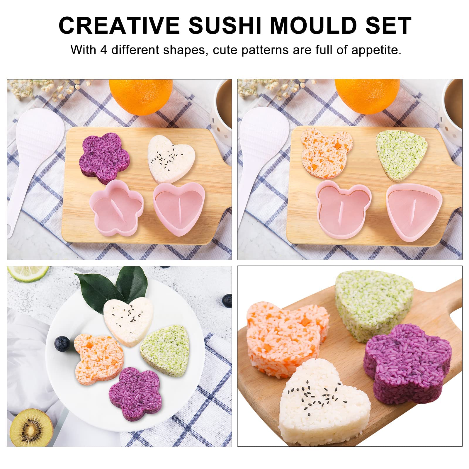 4PCS Pink Onigiri Mold Sushi Making Kit - Triangle, Heart, Bear & Plum Blossom Rice Ball Molds with Rice Paddle - DIY Bento Tools for Kids, Home Cooking & Japanese Food Lovers - Perfect for School Lunches, Party Snacks & Family Meal Prep