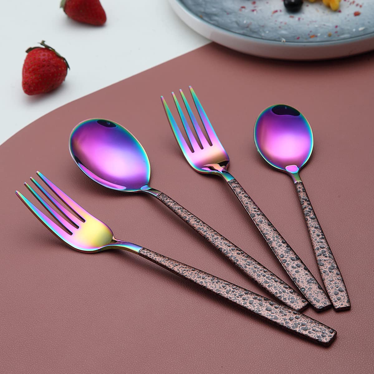 Berglander 20-Piece Stainless Steel Flatware Set with Moon Surface Handle & Rainbow Titanium Plating - Modern Colorful Cutlery Set for 4, Perfect for Dinner Parties, Weddings & Everyday Dining