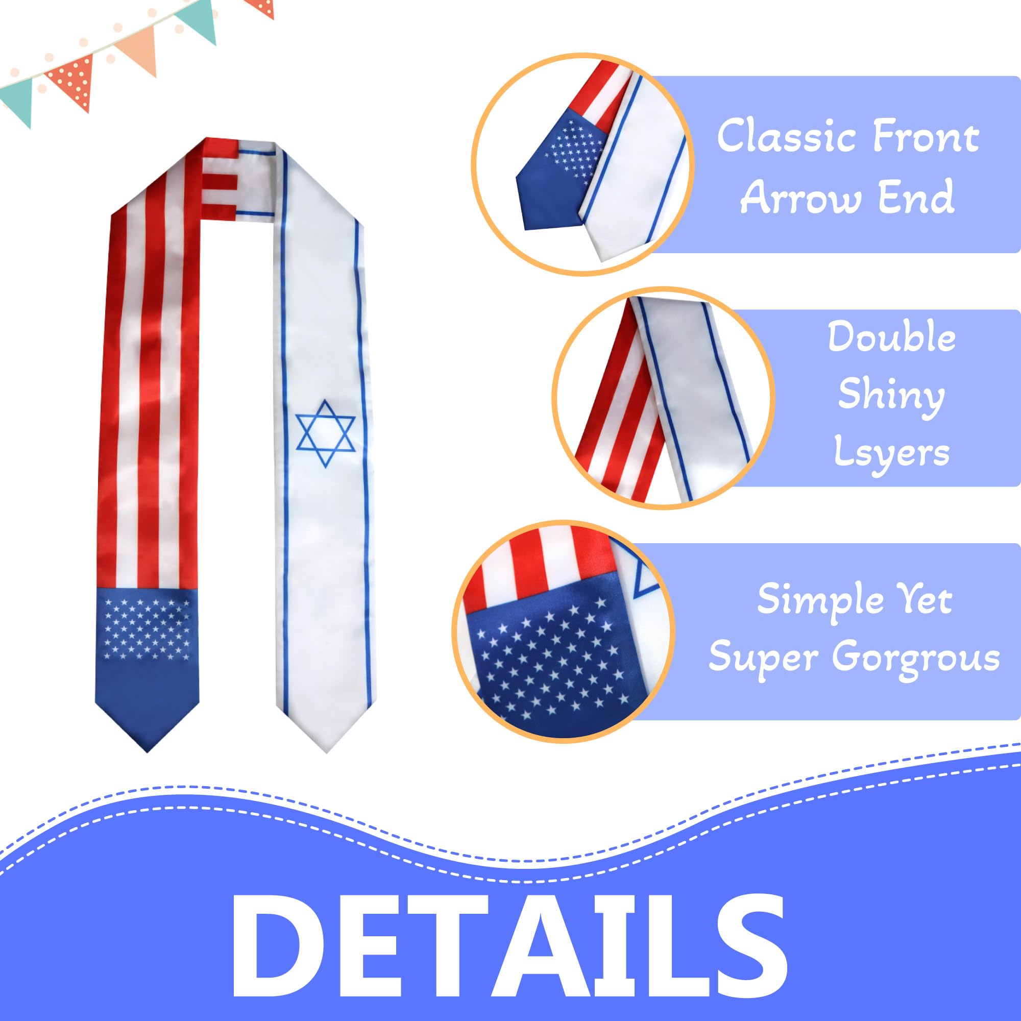Israel & USA Double Sided Graduation Stole Sash - 72x6 Inch International Student Graduation Gift for Ceremony, Commencement & Cultural Celebration