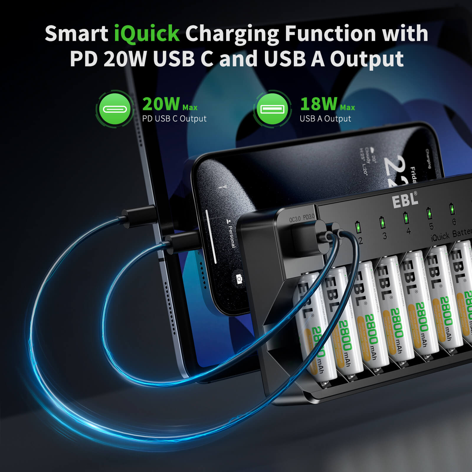 EBL 8 Bay Fast Battery Charger for AA AAA Ni-MH Ni-CD Rechargeable Batteries - Perfect for Cameras, Toys, Flashlights & Home Electronics