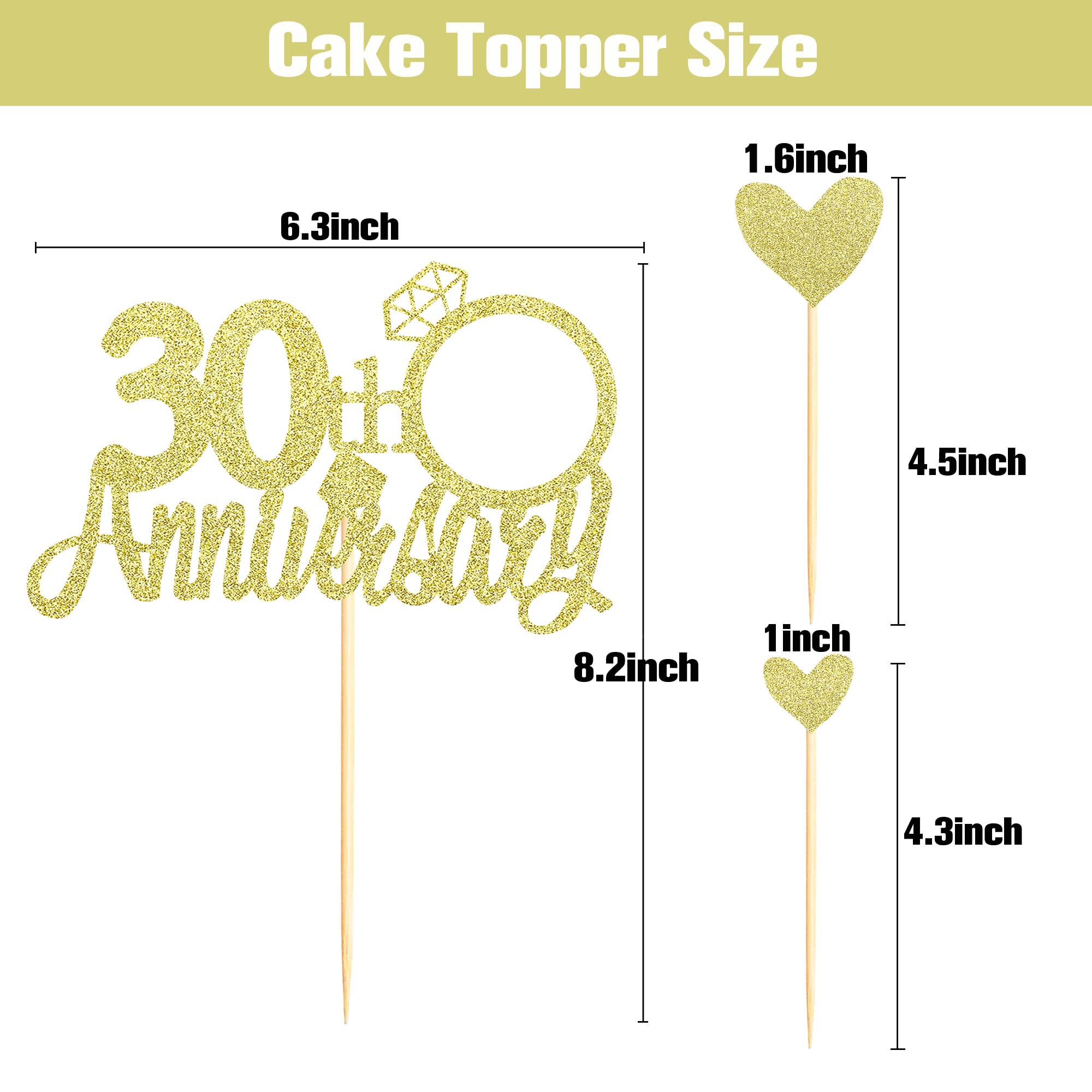 30th Anniversary Cake Topper Set - 13pcs Gold Glitter Cake Decorations with Small Hearts for Wedding Anniversary Party | Elegant Cake Topper for 30th Wedding Anniversary Celebrations, Birthdays & Special Events