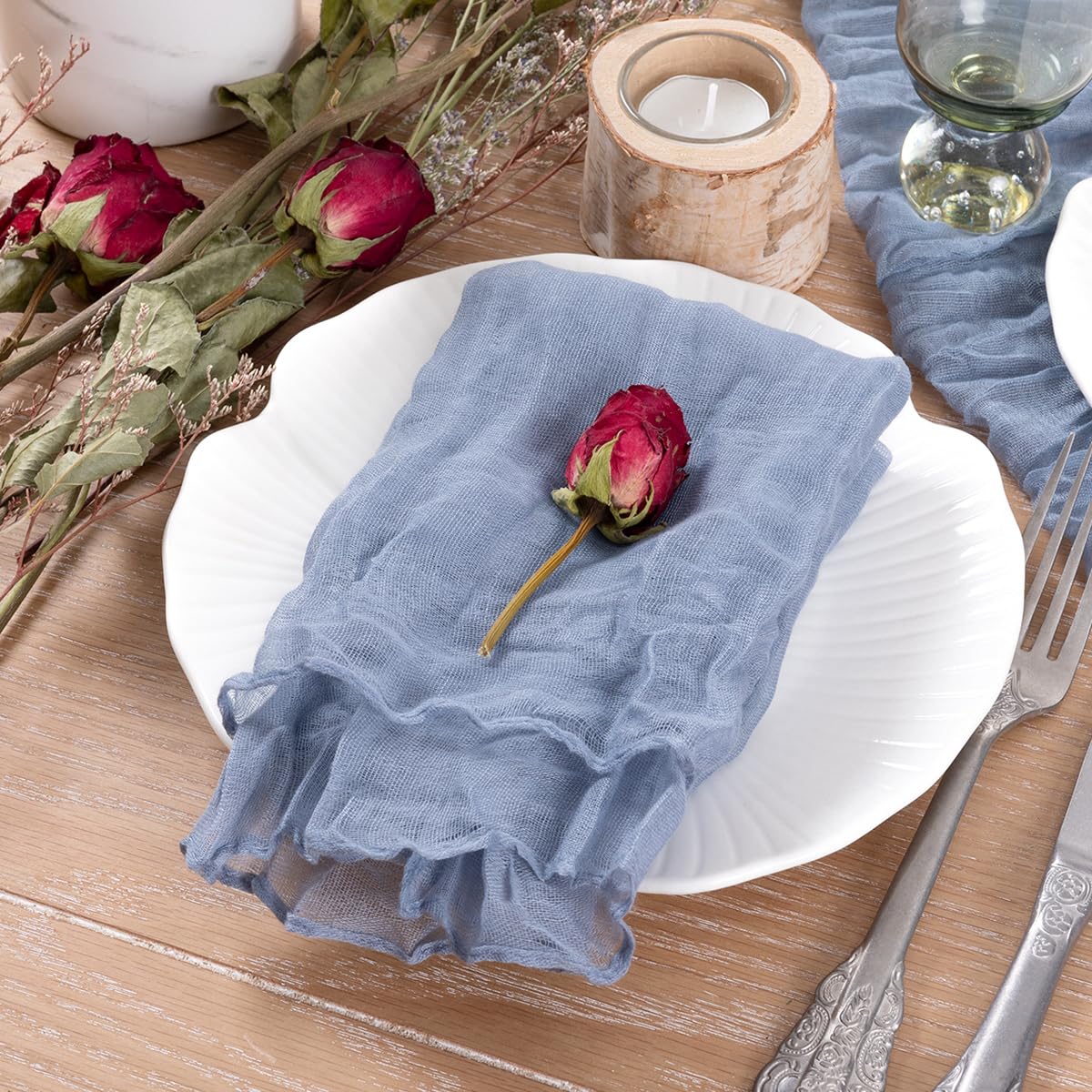 Socomi Dusty Blue Cheesecloth Napkins - Set of 10 Washable Boho Dinner Napkins for Easter, Spring, Wedding, Baby Shower & Birthday Party Decor | Eco-Friendly Table Linens for Rustic & Farmhouse Dining
