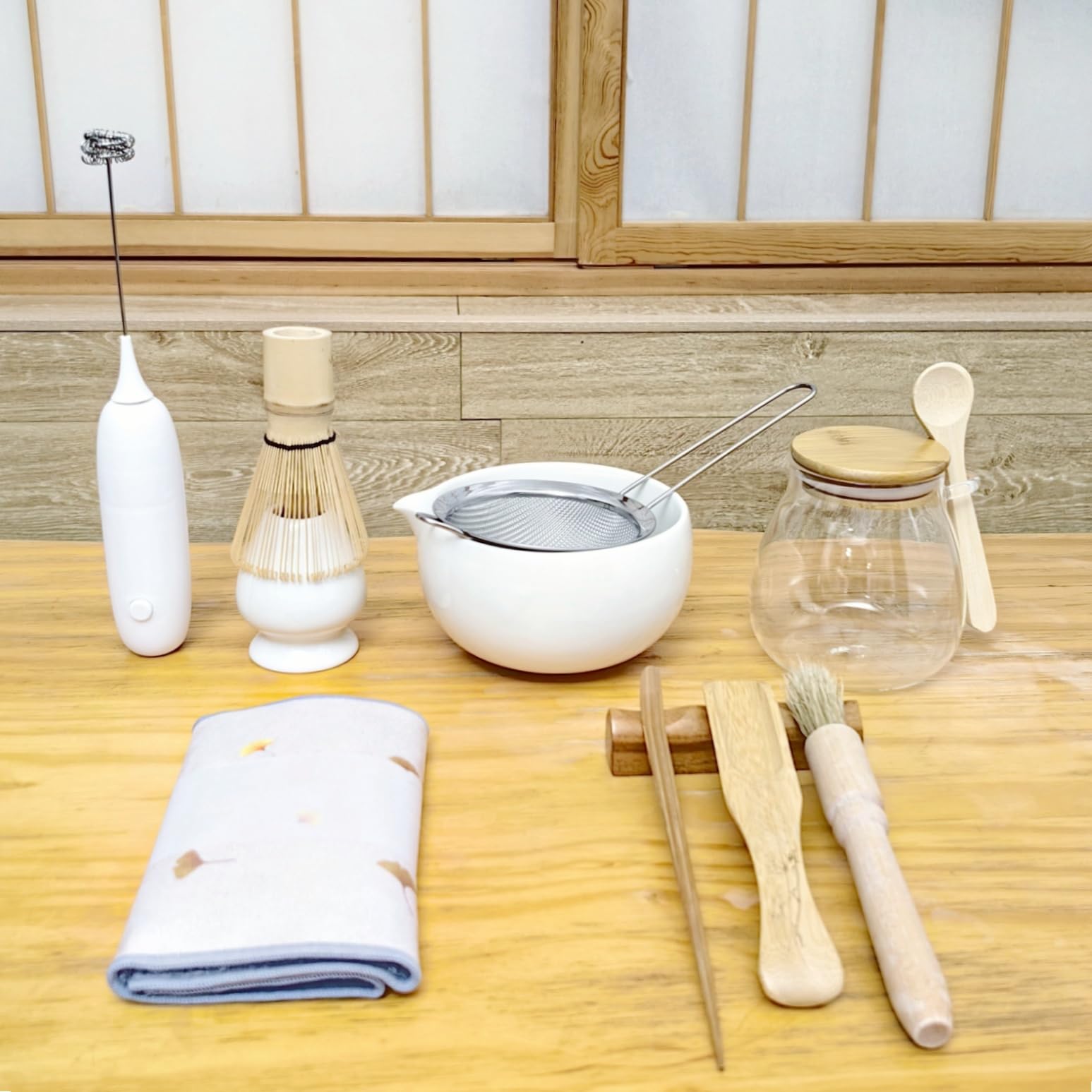 Premium 11-Piece Matcha Tea Set - Bamboo Whisk, Electric Mixer, Handheld Frother, Scoop Spoon & Brush - Complete Matcha Kit with Bowl, Sifter, Holder, Towel, Stand & Jar (Milky White) - Perfect for Japanese Tea Ceremonies, Home Brewing & Gifts