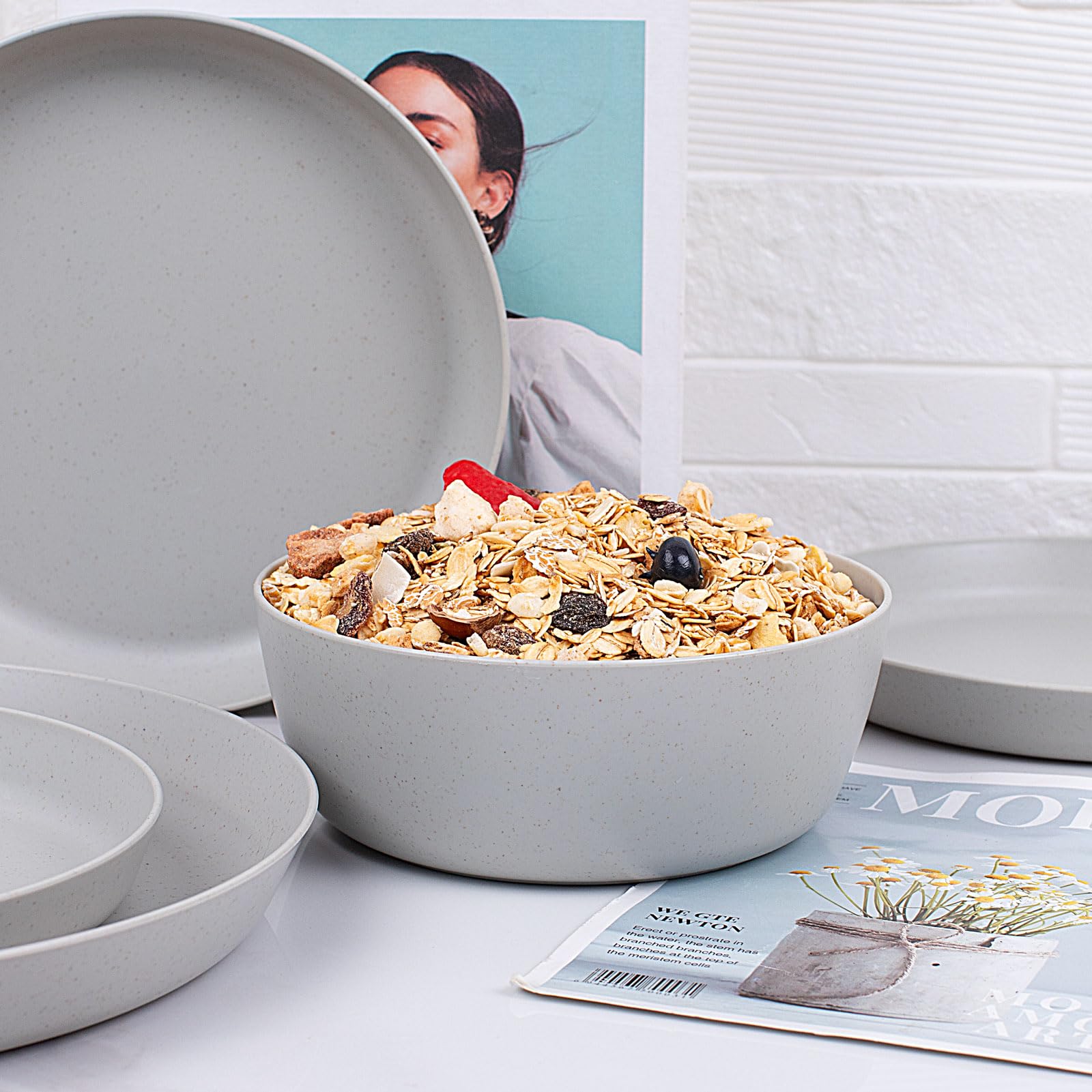 12-Piece Wheat Straw Dinnerware Set - 4 Reusable Unbreakable Plates & Bowls - Eco-Friendly Plastic Dinnerware for Camping, Picnics, Family Dinners & Outdoor Dining