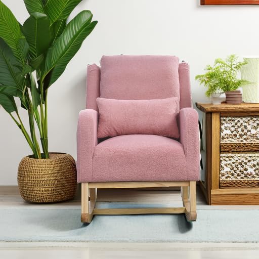 **Comfy Teddy Fabric Nursery Rocking Chair with Pillow & Side Pockets - Wingback Glider Armchair for Nursing, Living Room, Bedroom - Perfect for Relaxing & Breastfeeding (Pink)**