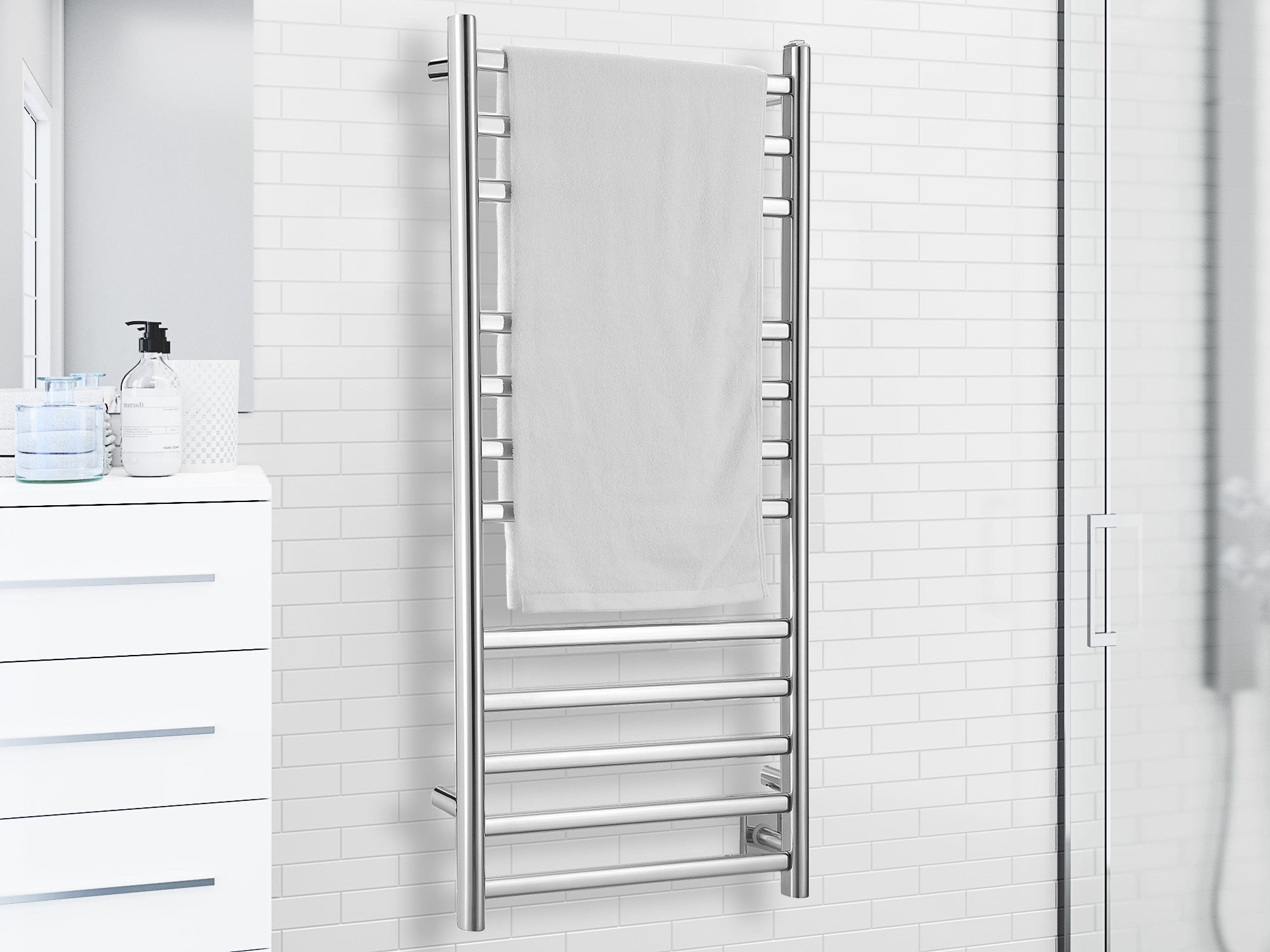 Prima Dual XL 12 Bar Hardwired & Plug-in Electric Towel Warmer - Polished Stainless Steel - Fast Heating Bathroom Luxury for Spa, Hotel & Home Use