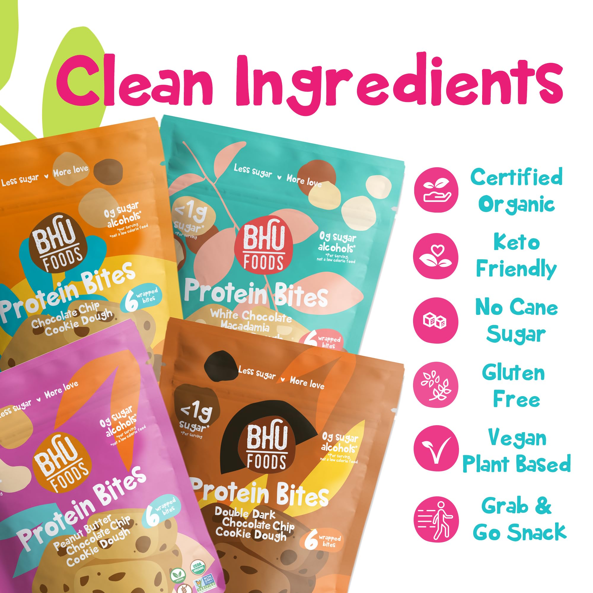 Bhu Foods Keto Bites - Organic Low Carb Cookie Dough Snacks Variety Pack (Chocolate Chip, Dark Chocolate, Macadamia & Peanut Butter) - Gluten Free, Sugar Free, Individually Wrapped Keto Snacks for Adults - Perfect for Office, Travel & Weight Loss Diet