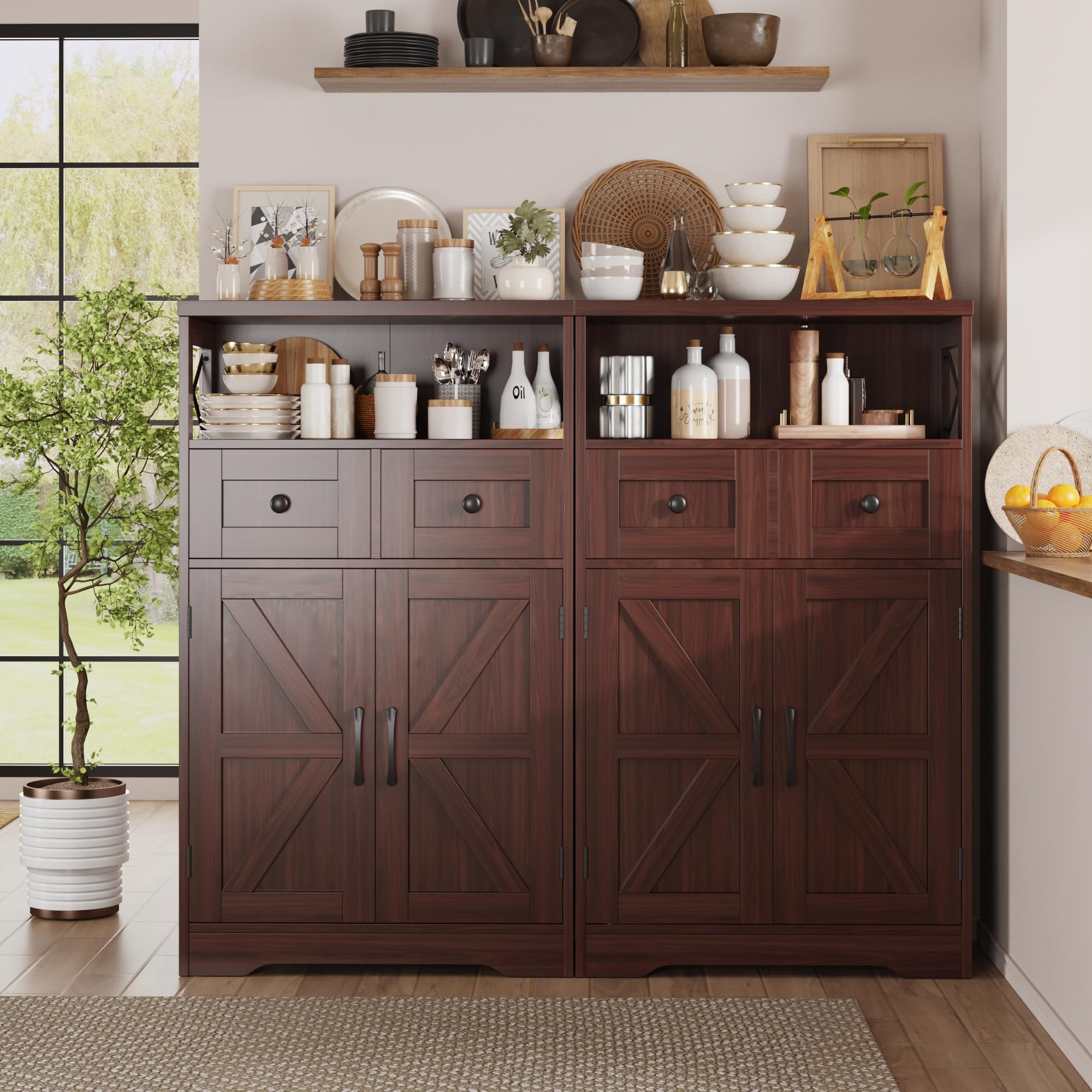 Dark Brown Storage Cabinet with Drawers and Shelves - Standing Kitchen Pantry Organizer, Floor Storage Hutch Cupboard for Coffee Bar Station | Perfect for Dining Room, Living Room & Home Office Organization