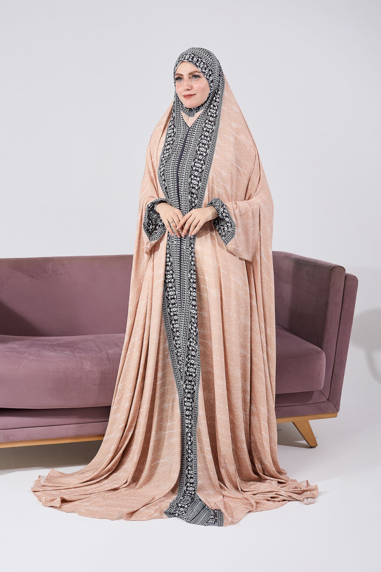 Elegant Black Floral Print Satin Gown Dress for Women - Kawkab Long Sleeve Evening Gown with Extended Coverage - Perfect for Weddings, Parties & Special Occasions