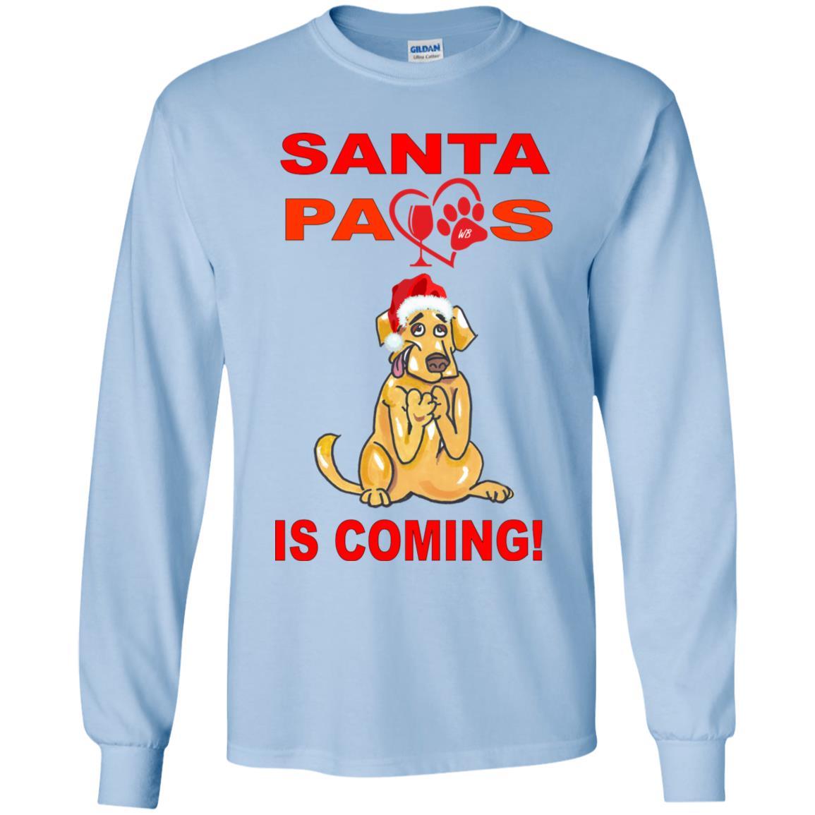 Santa Paws Is Coming Youth Long Sleeve T-Shirt | Cute Christmas Dog Lover Tee | Holiday Family Matching Outfits & Pet Photo Shoots