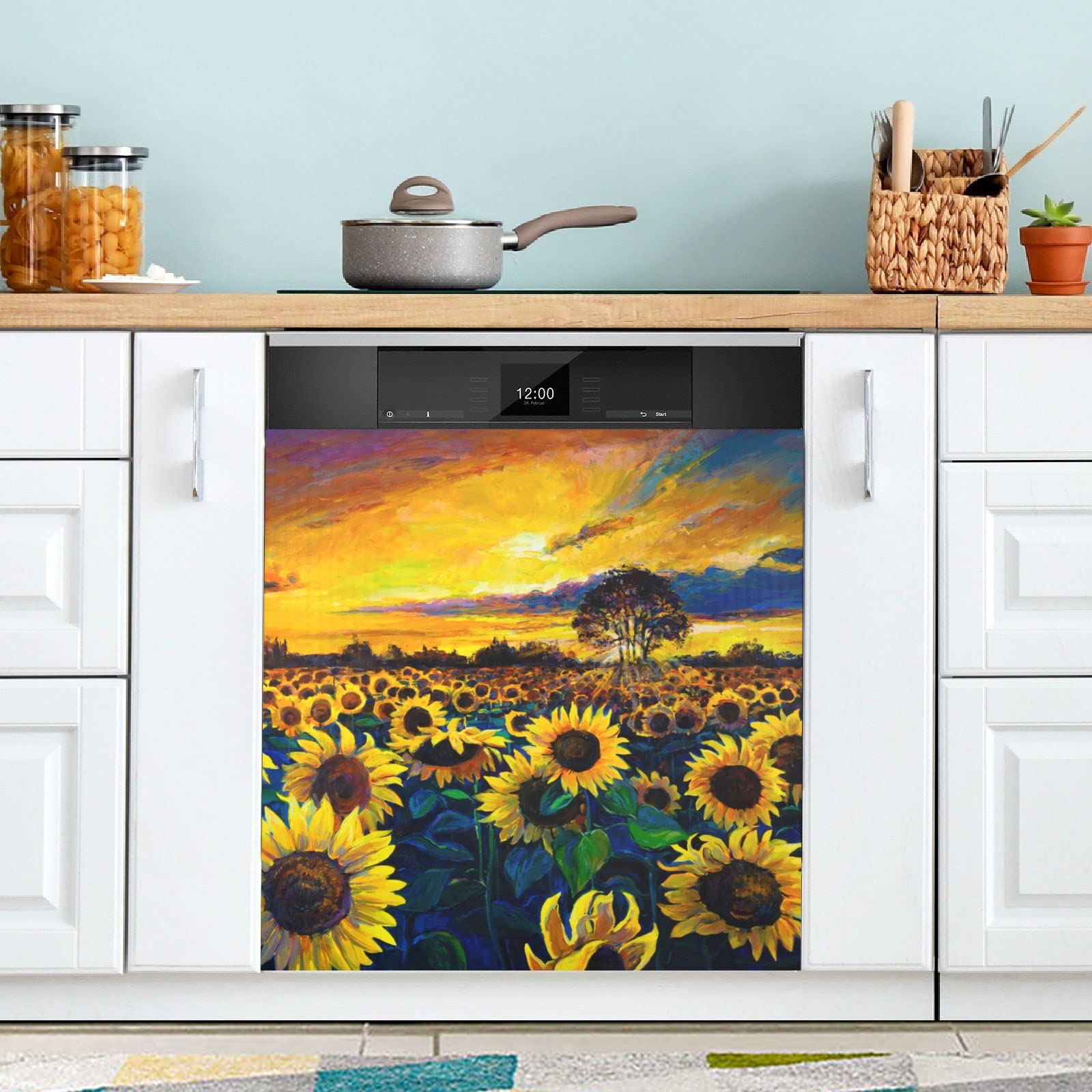 Hand-Painted Sunflower Magnetic Sticker - Decorative Dishwasher & Refrigerator Cover for Kitchen, Washing Machine Panel Decal, Home Cabinet Door Decor | Perfect for Farmhouse, Vintage & Modern Kitchen Styles