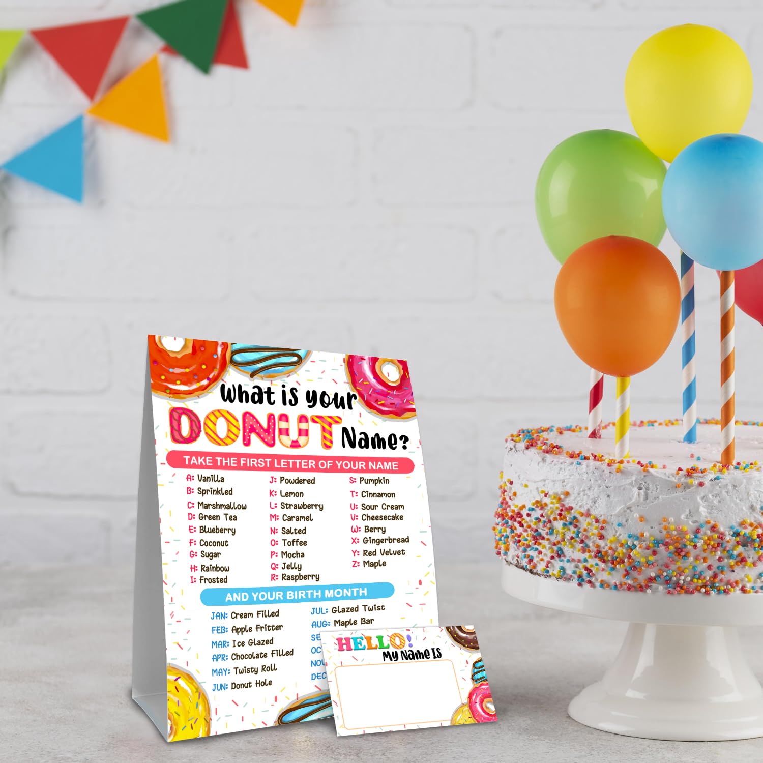What is Your Donut Name Game - Fun Party Activity Set with 30 Cards & Sign for Birthdays, Weddings, Anniversaries | Perfect for Girls' Parties, Kids Activities & Holiday Celebrations