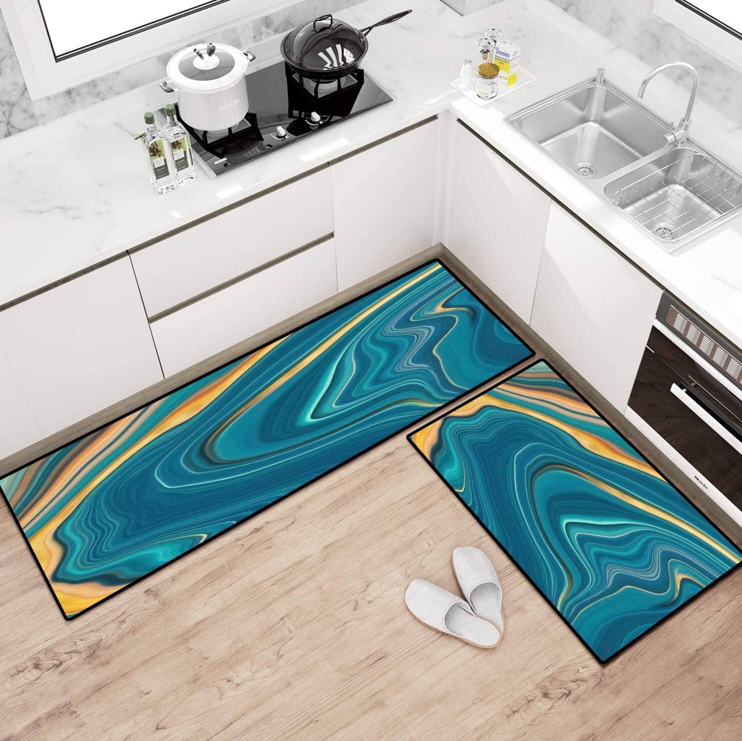 Abstract Agate Pattern Non-Slip Kitchen Rugs Set - Washable Floor Mat with Gold Marble Design for Kitchen, Bathroom & Entryway - Comfort Standing Mat for Home Decor
