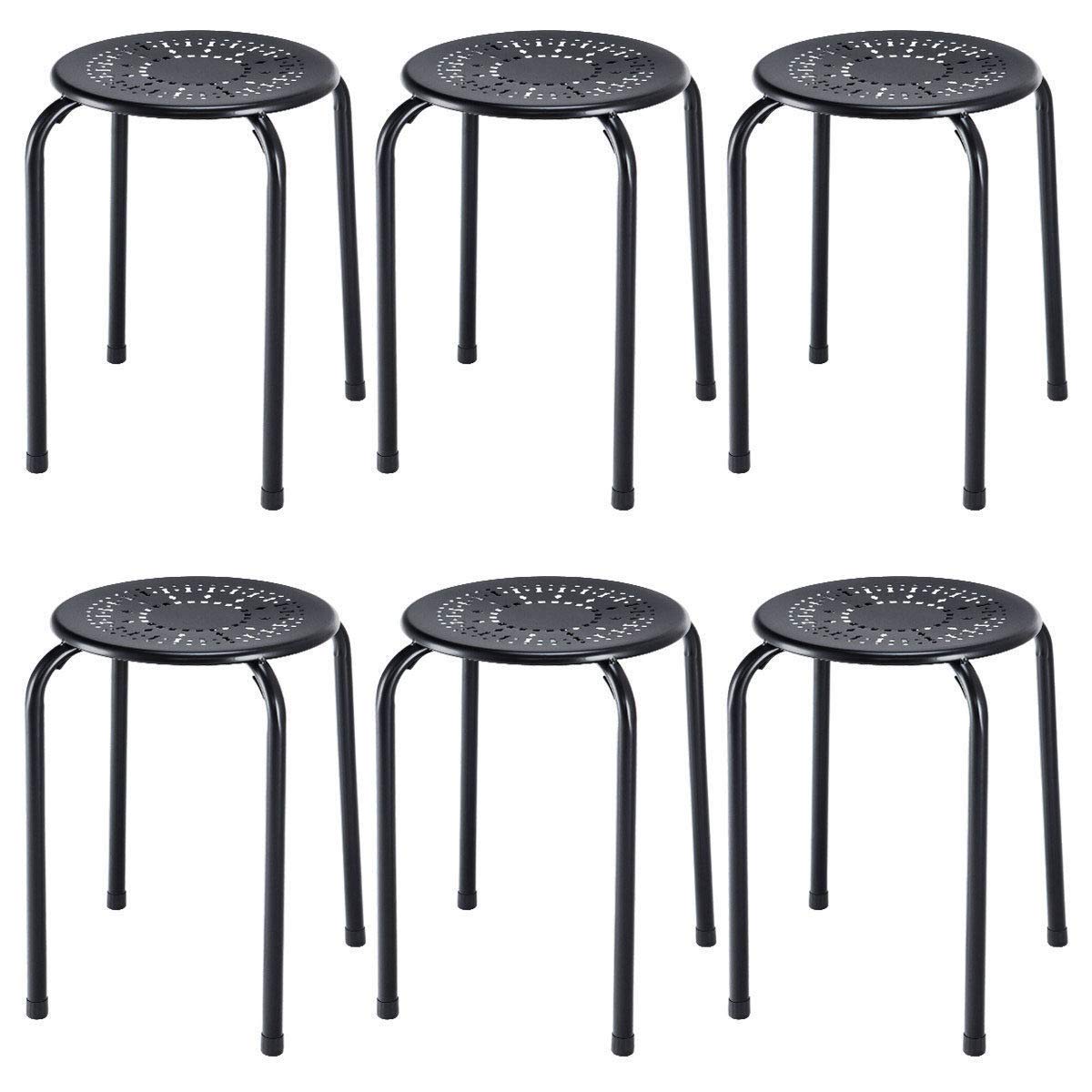 Stackable Metal Stool Set of 6 - Round Top Backless Bar Stools for Kitchen, Dining, or Outdoor Use - Durable Black Daisy Design - Perfect for Small Spaces and Entertaining
