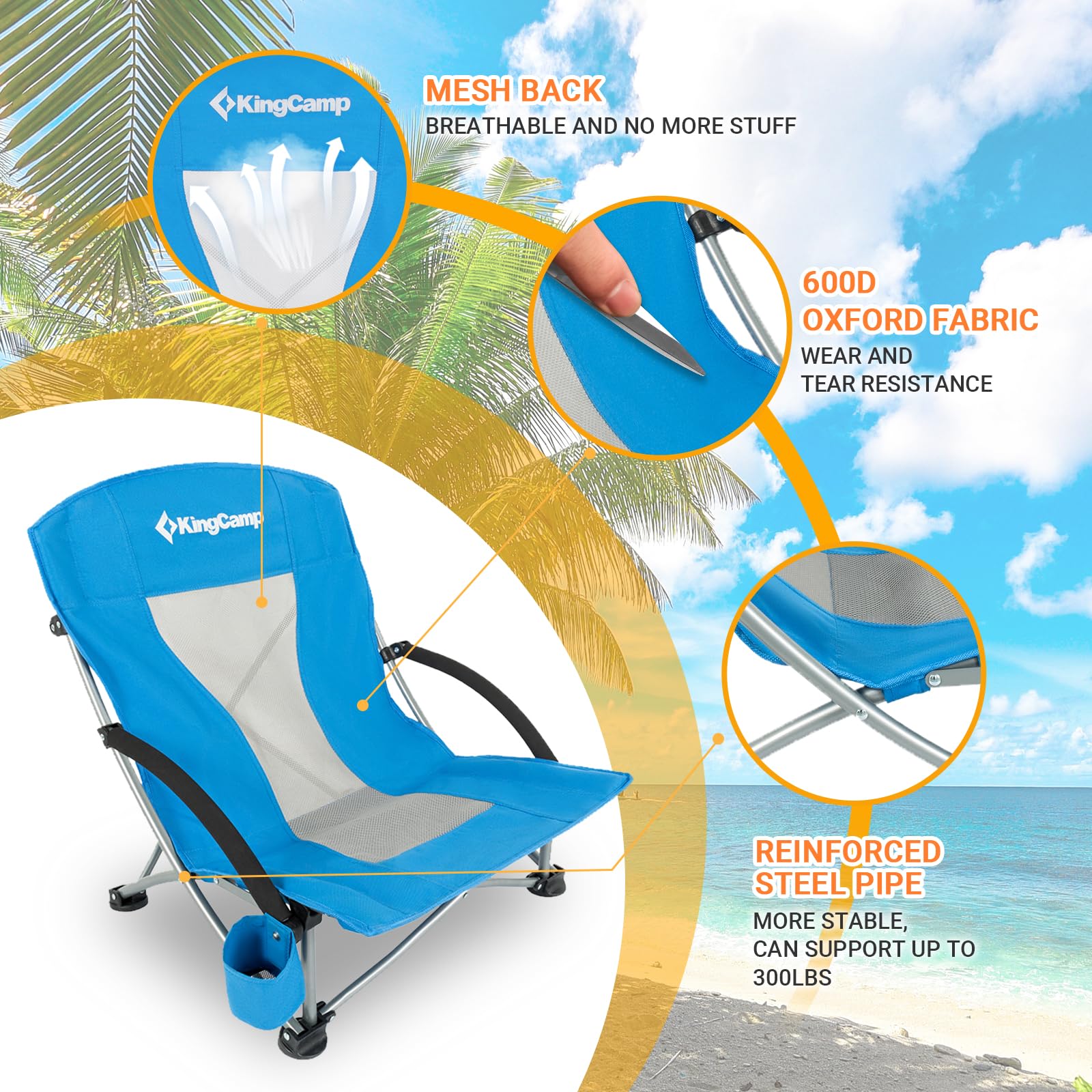 KingCamp Low Beach Chair - Portable Folding Lightweight Backpack Chair for Adults with Cup Holder & Storage Pocket - Perfect for Camping, Concerts, Festivals, Beach, Travel, Sports & Backyard Relaxation (Blue)
