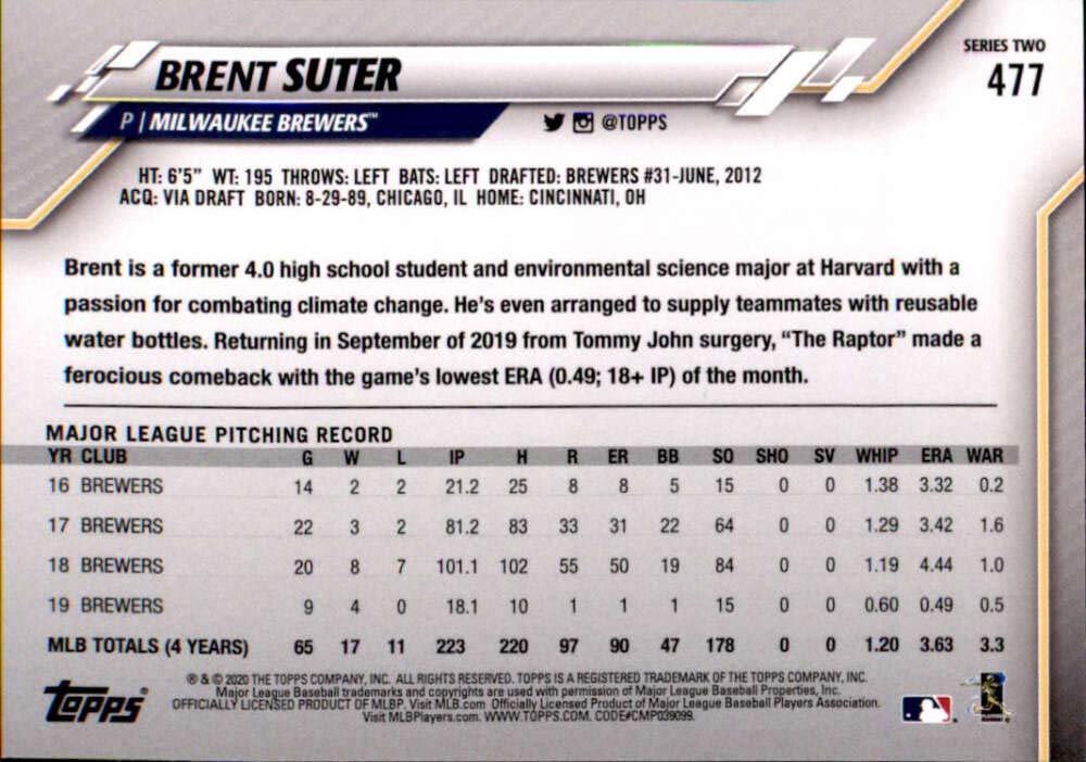 2020 Topps #477 Brent Suter NM-MT Milwaukee Brewers Baseball Card - Perfect for Collectors, Sports Memorabilia Fans & Trading Card Games