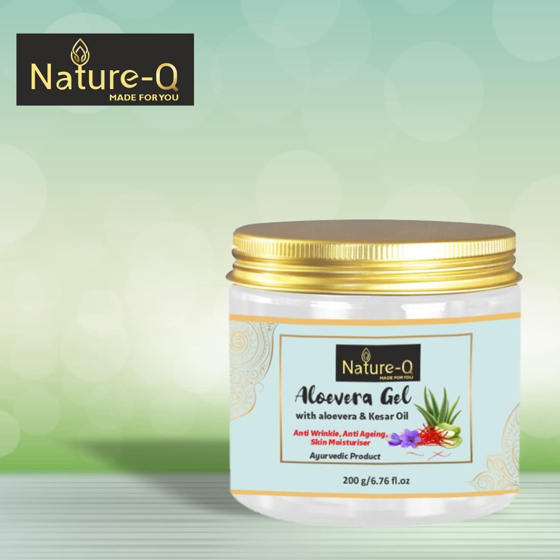 Nature Q Pure Aloe Vera Gel 200g with Aloe Vera & Saffron Oil for Face & Hair – Hydrating, Moisturizing, Soothing Skin Care (Paraben Free) | Perfect for Sunburn Relief, Dry Skin Treatment & Hair Conditioning