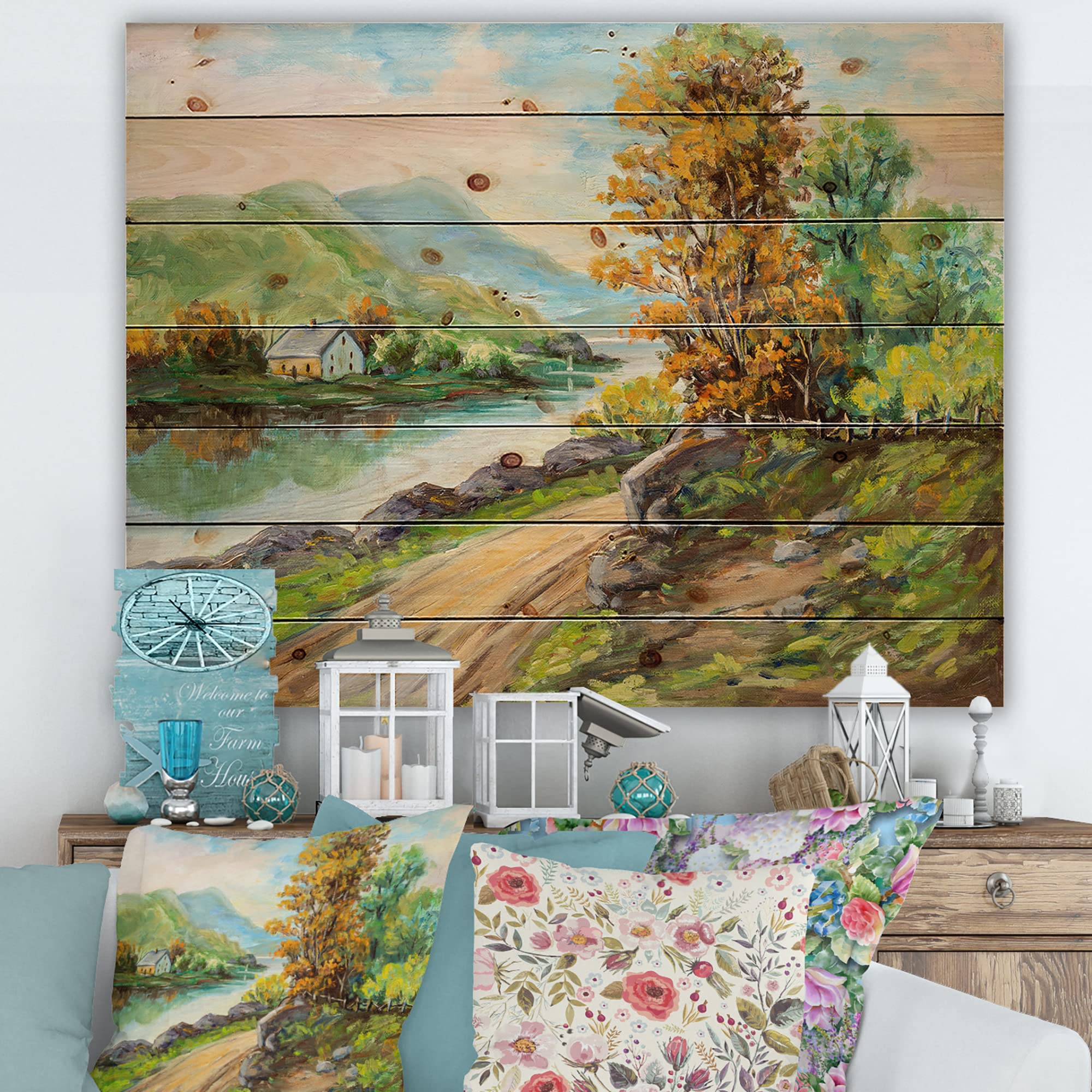 Rustic River Road Wood Wall Art - Traditional Large Landscape Panel Decor Printed on Natural Pine Wood - Perfect for Farmhouse, Cabin & Living Room Decor