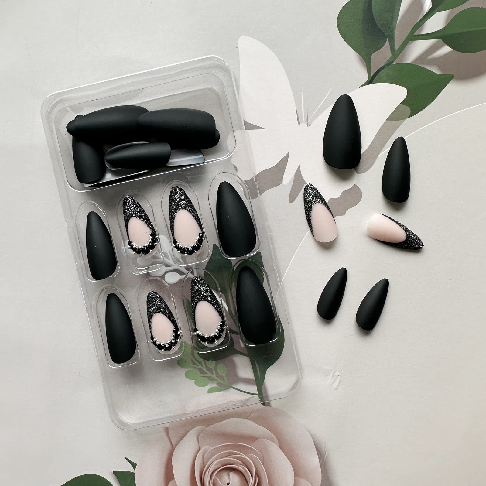 24 Pcs French Tip Press on Nails - Medium Length Almond Shaped Fake Nails with Rhinestone Design, Matte Black Acrylic Nails for Women & Girls | Easy Glue on False Nails for Parties, Weddings & Daily Wear