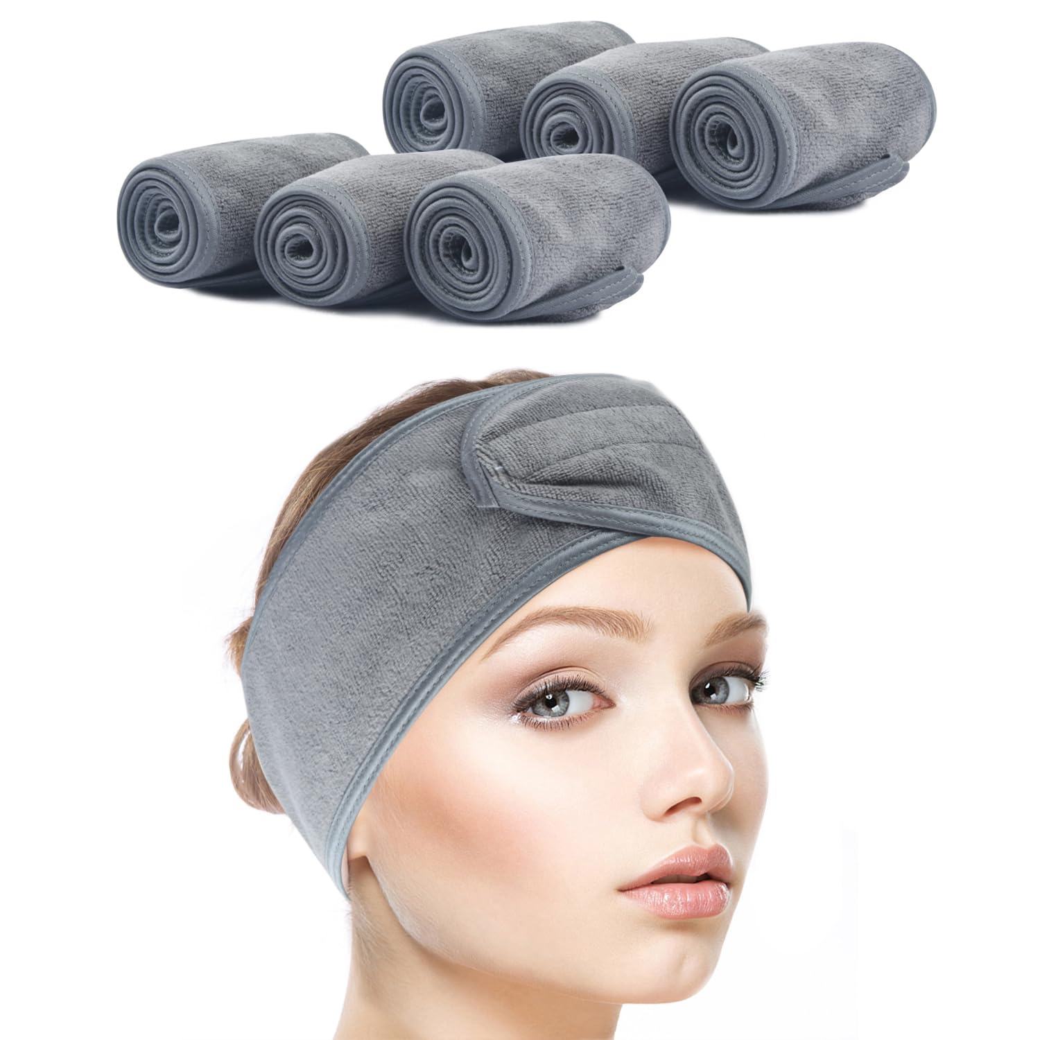 SINLAND Adjustable Spa Headband for Women - 6 Pack with Magic Tape, Soft Hair Wrap for Face Care, Makeup, Sports & Skincare - Perfect for Yoga, Gym & Beauty Routine