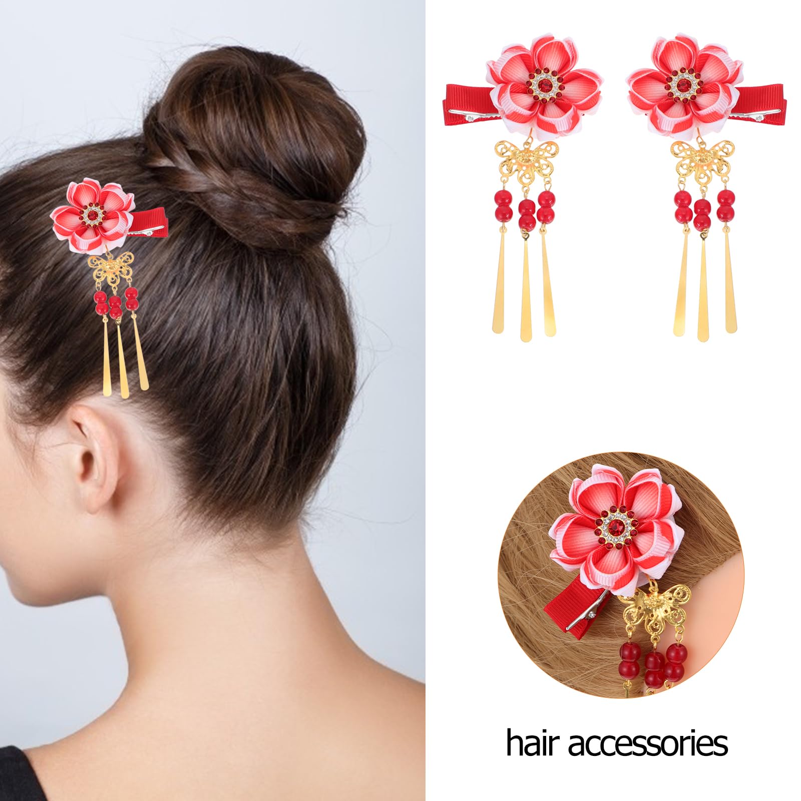 Minkissy Japanese Style Hair Clips - 1 Pair Tassel Flower Hairpins for Women & Girls, Traditional Kimono Hair Accessories, Hanfu Hair Clamps, Bridal Hair Barrettes (Red) - Perfect for Weddings, Cosplay, Tea Ceremonies & Cultural Events