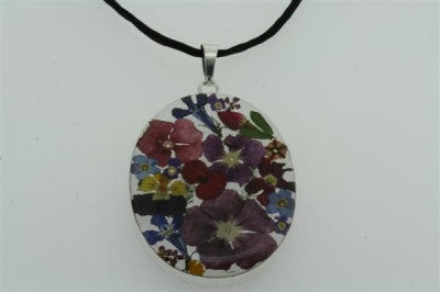 Handmade Flower Resin Pendant Necklace - Oval Shape on Black Silk Cord - Perfect for Boho Jewelry, Gift Giving & Special Occasions