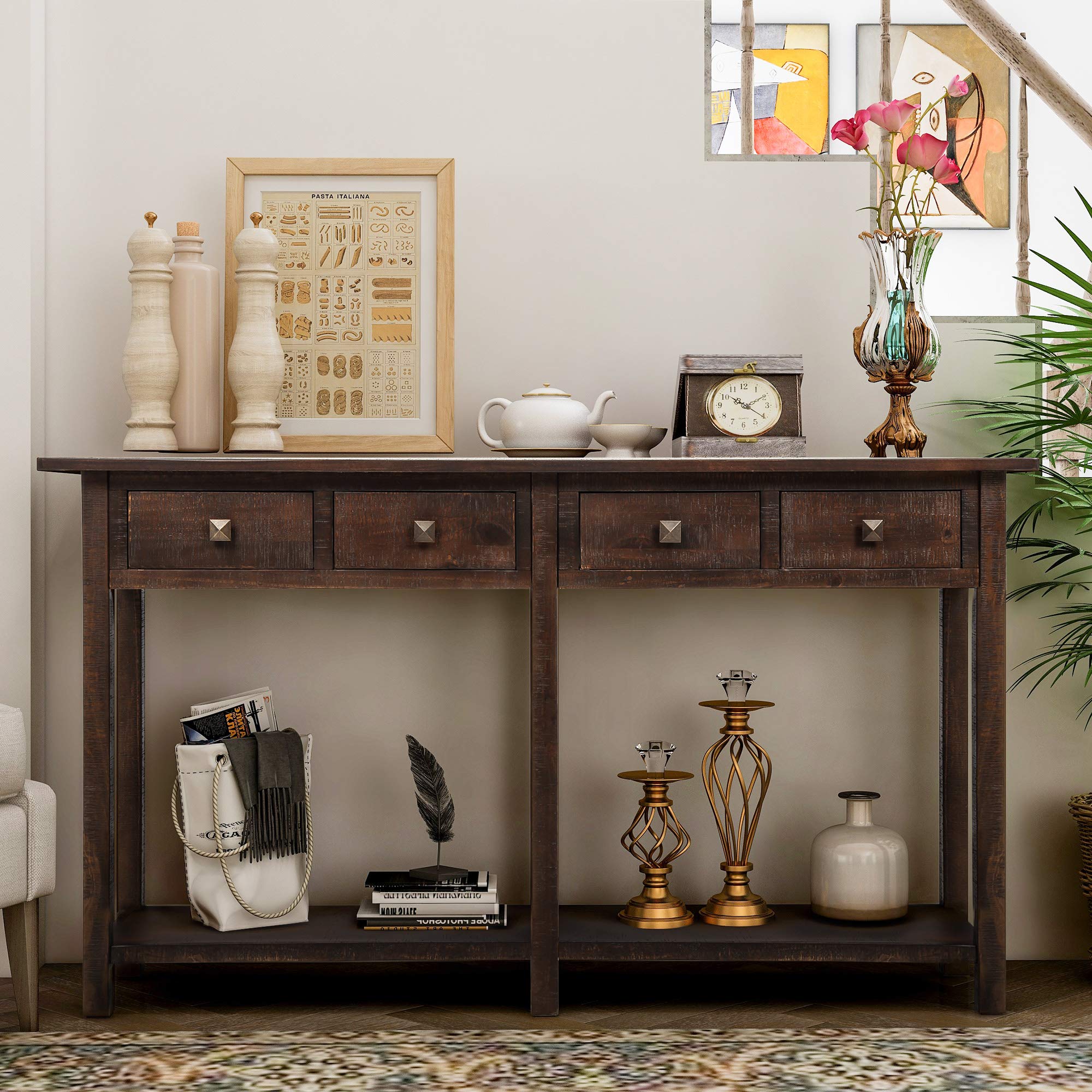 Rustic Brushed Texture Console Table with Drawer & Bottom Shelf - Sofa Table, Entryway Table for Living Room, Hallway, Dining Room - Perfect for Home Decor & Small Space Organization (Blue)