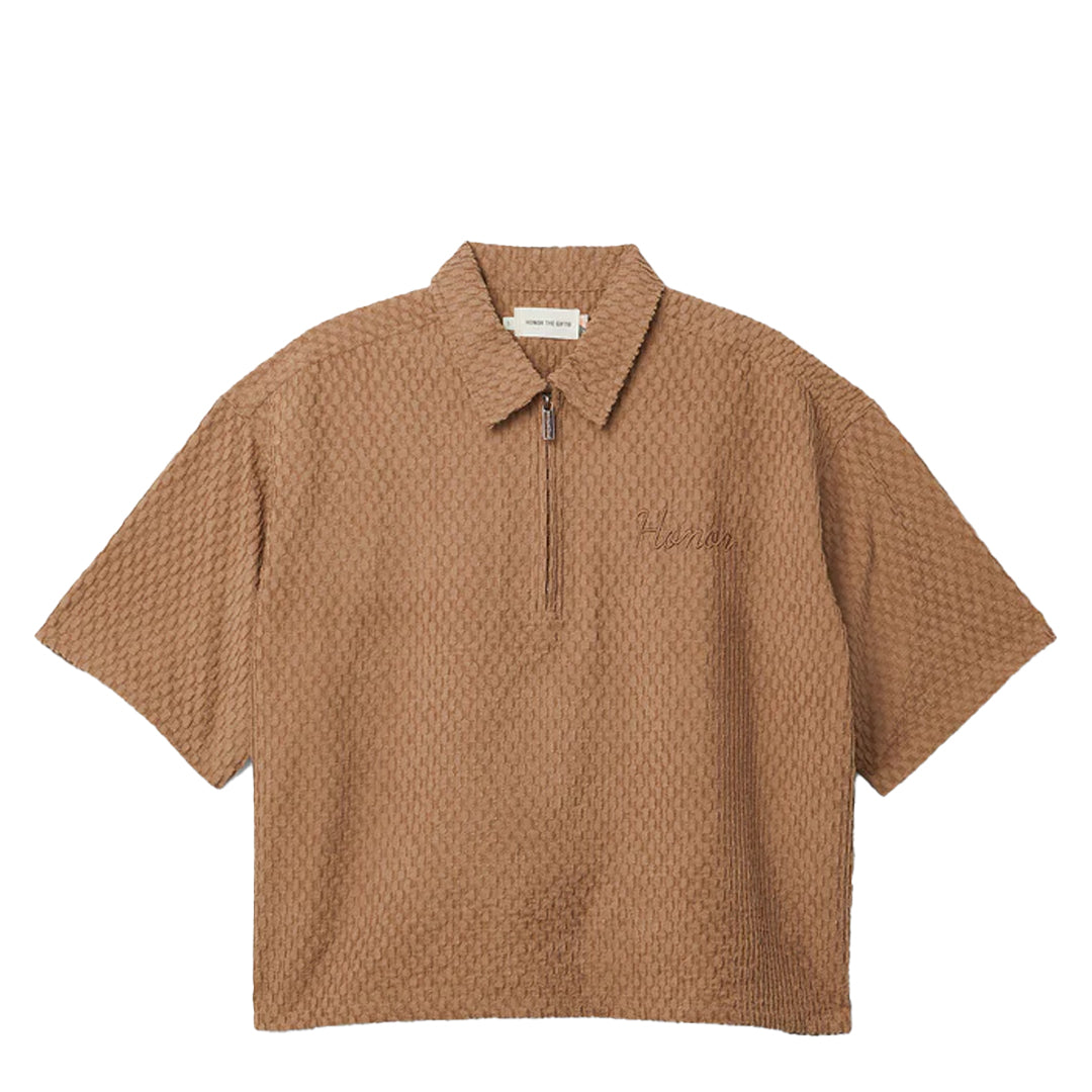 Textured Knit Quarter Zip Shirt for Men - Soft Brown Pullover for Casual Wear & Outdoor Activities