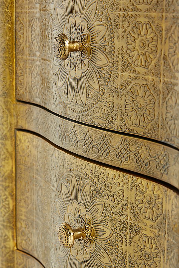 Antique Golden Metal Nightstand with 2 Drawers - Hand Embossed Bedside Table for Bedroom, Living Room & Office - Vintage Style Storage Furniture with Elegant Design