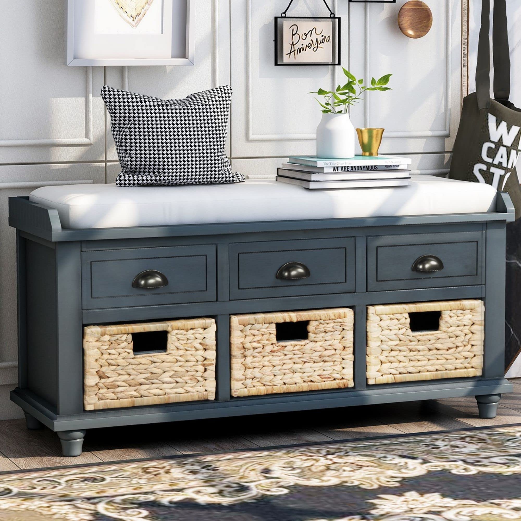 HABITRIO Wooden Storage Bench with Removable Cushion - 3 Drawers & 3 Baskets Shoe Organizer - Multi-Functional Entryway Bench for Bedroom, Living Room, Hallway - Perfect for Shoes, Blankets & Home Decor (Antique Navy)