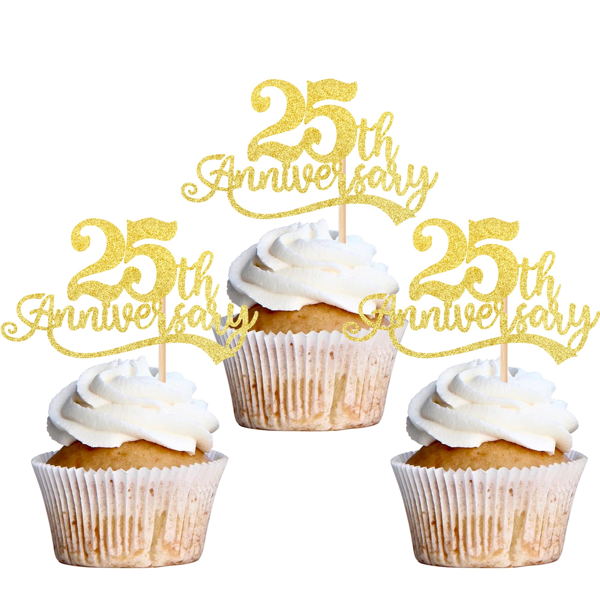 24 Pack 25th Anniversary Cupcake Toppers - Gold Glitter 