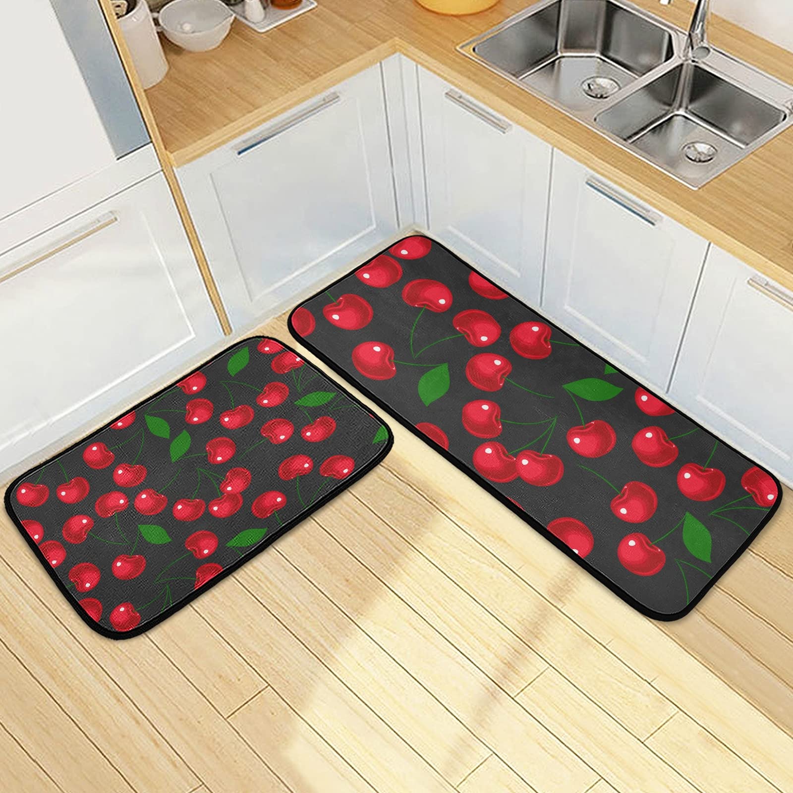 Premium 2-Piece Red Cherry Kitchen Rugs Set - Cushioned Anti-Fatigue Non-Slip Mats, Washable Farmhouse Decor for Indoor & Outdoor Use - Perfect for Kitchens, Entryways, and Laundry Rooms