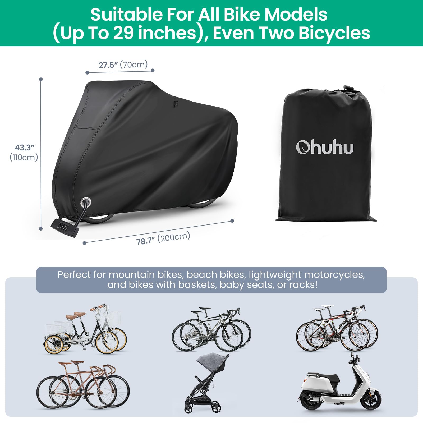 Ohuhu Waterproof Bike Cover - Heavy Duty 210T Outdoor Bicycle Cover for 1-2 Bikes, Windproof & UV Protection with Lock Hole & Storage Bag - Perfect for Mountain Bikes, Road Bikes, City Bikes & Beach Cruisers | Ideal for Garage Storage, Travel & Outdoor Protection