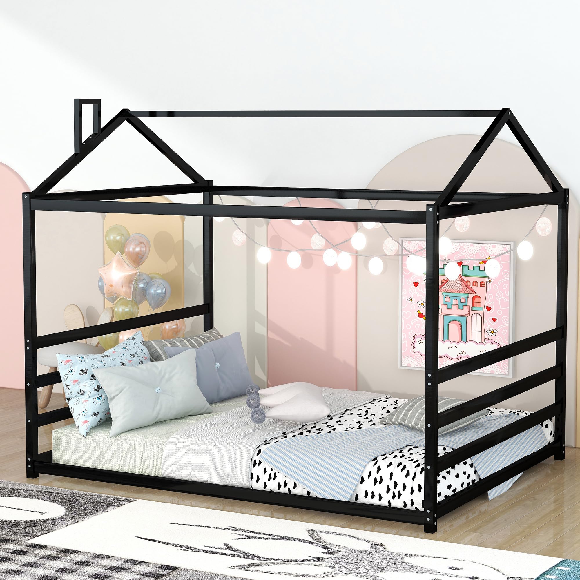 Montessori Metal Queen Size Floor Bed with Roof - Sturdy House Bed Frame for Kids, Boys & Girls - Black | Perfect for Montessori Bedrooms, Playrooms & Cozy Sleep Spaces