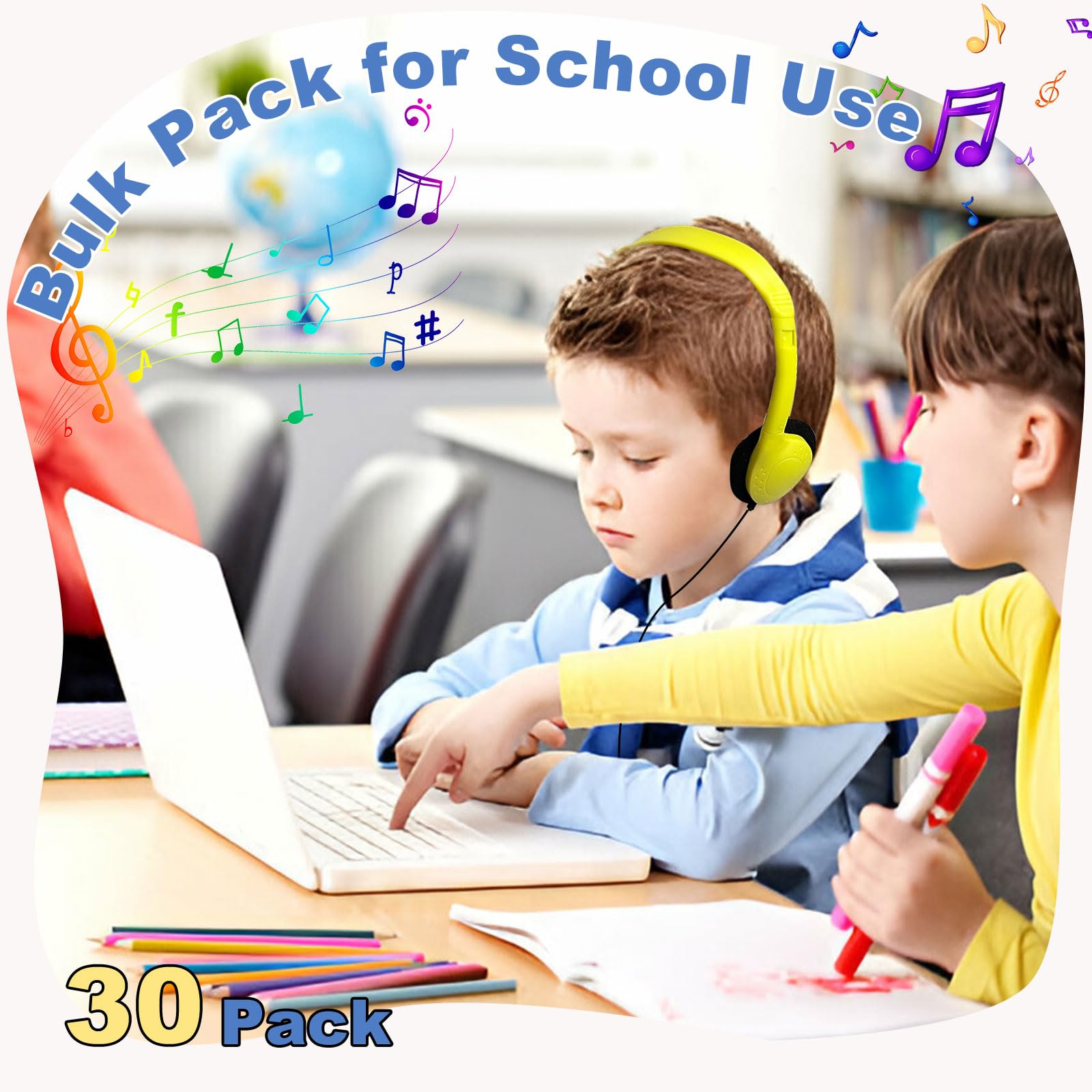 Bulk Classroom Headphones for Kids - 30 Pack Multi-Color Children's Headphones with 3.5mm Jack - Durable School Headphones for Students, Libraries, Computer Labs & Testing Centers - Perfect for Online Learning, Educational Activities & Quiet Study Environments