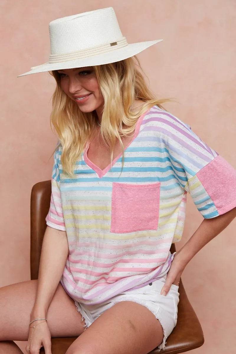 BiBi Rainbow Stripe Printed Triblend Knit Top - Women's Soft Comfortable Casual T-Shirt for Everyday Wear, Street Style & Summer Outfits