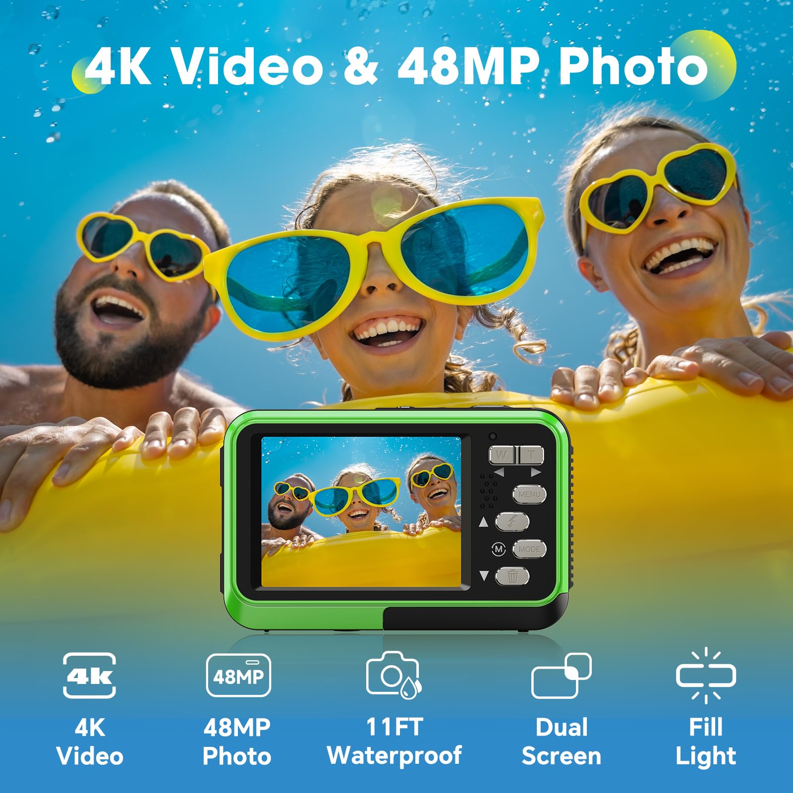 4K Waterproof Underwater Camera - 48MP Autofocus, 16X Zoom, Dual Screens for Selfie - 11FT Snorkeling & Diving - Compact Digital Camera with 2 Batteries (Green) - Perfect for Beach Vacations, Pool Parties & Underwater Photography