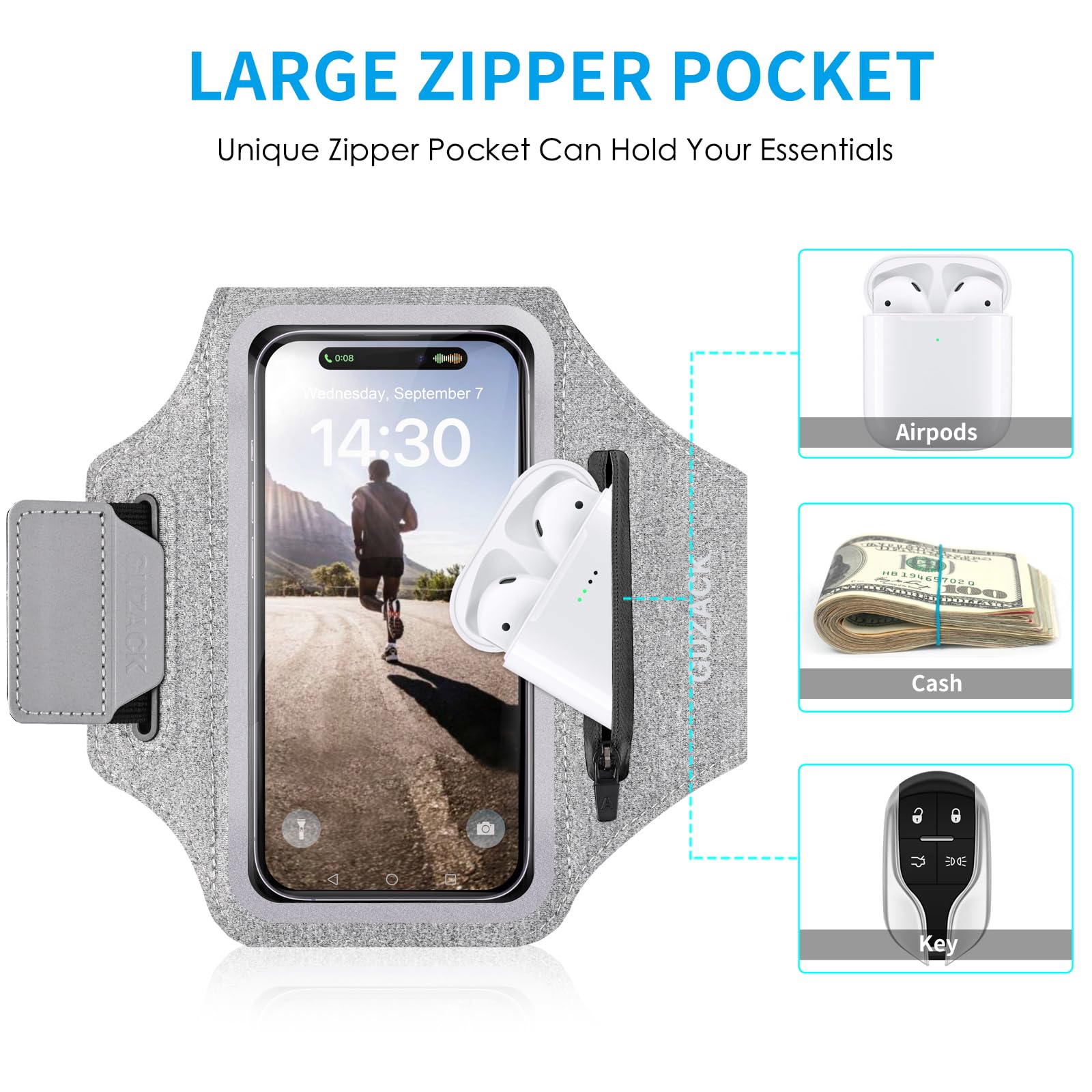 GUZACK Running Armband with Zipper Pouch - Phone Holder for iPhone 16 Pro/15/14/13/12/11 Pro Max & Galaxy S24/S23/S22 - Key Pocket & Card Slot - Lightweight Sports Accessory for Jogging, Gym Workouts & Outdoor Activities (Gray, Medium)
