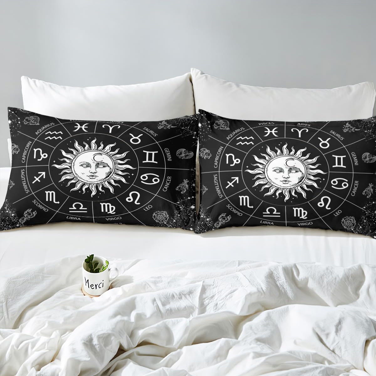 Manfei Queen Size Sun and Moon Zodiac Constellation Duvet Cover Set - 3 Piece Astrology Bedding for Kids, Boys & Girls (Black & White, Includes 2 Pillowcases, Comforter Not Included) - Perfect for Themed Bedrooms, Teen Rooms & Celestial Decor