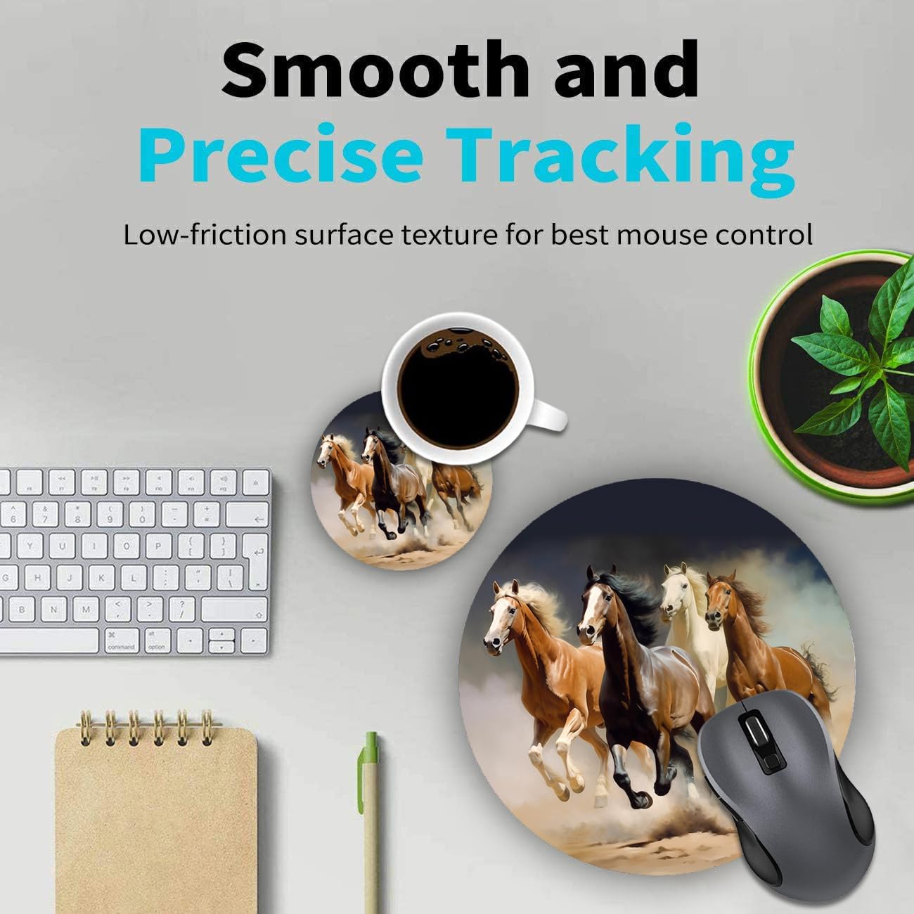 Premium Non-Slip Round Mouse Pad with 4 Coasters Set - Running Horse Design Ergonomic Desk Mat for Office & Gaming - Perfect for Computers, Laptops, and Home Workspace Decor