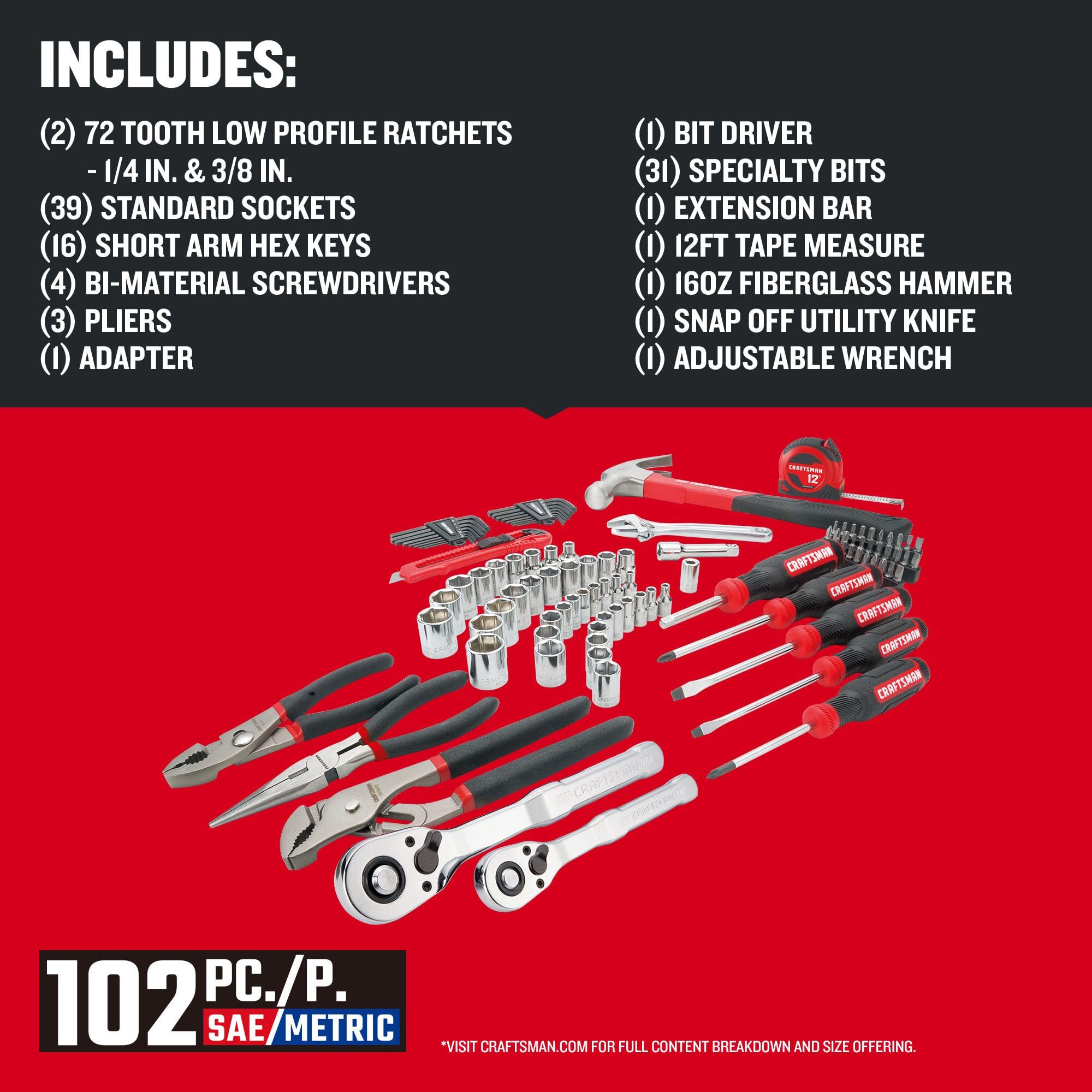 CRAFTSMAN 102-Piece Home & Car Tool Kit - Durable SAE/Metric Socket Set with Wrenches & Screwdrivers (CMMT99449) | Perfect for DIY Repairs, Auto Maintenance & Household Fixes