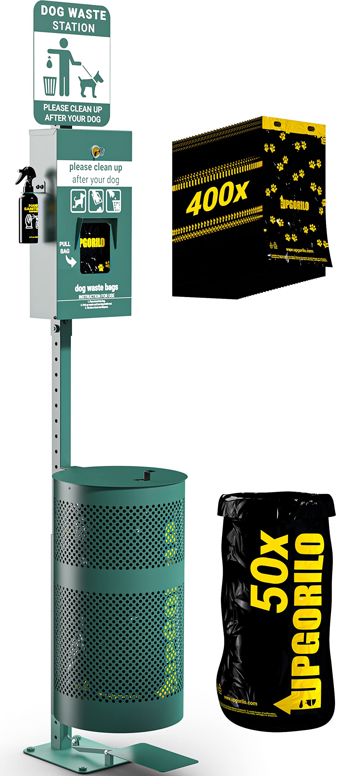 Dog Waste Station with Foot Pedal - 400 Poop Bags, 50 Trash Can Liners, Glow-in-the-Dark Sign & Hand Sanitizer - Outdoor Pet Waste Disposal System for Parks, Yards & Neighborhoods