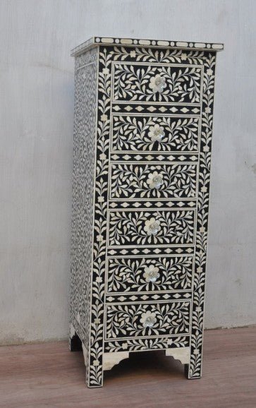 Handmade Bone Inlay Six Drawer Tall Boy Dresser - Vintage Boho Bedroom Furniture for Master Bedroom & Guest Room Storage