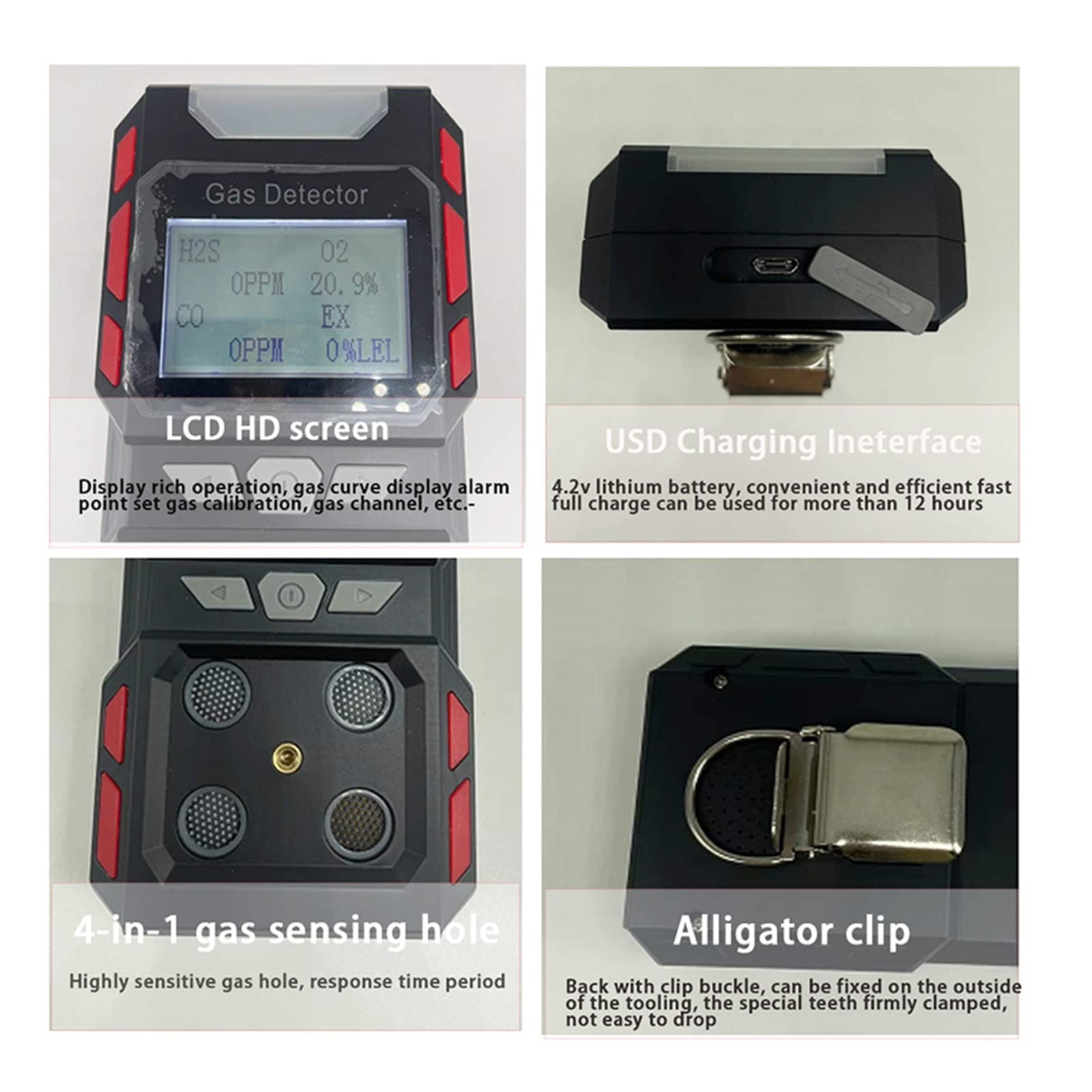 4-in-1 Industrial Air Quality Monitor - CO H2S O2 CH4 Gas Leak Detector with Voice Alarm & Safety Warning | Portable Combustible Gas Tester for Factory, Warehouse, and Laboratory Safety Inspections